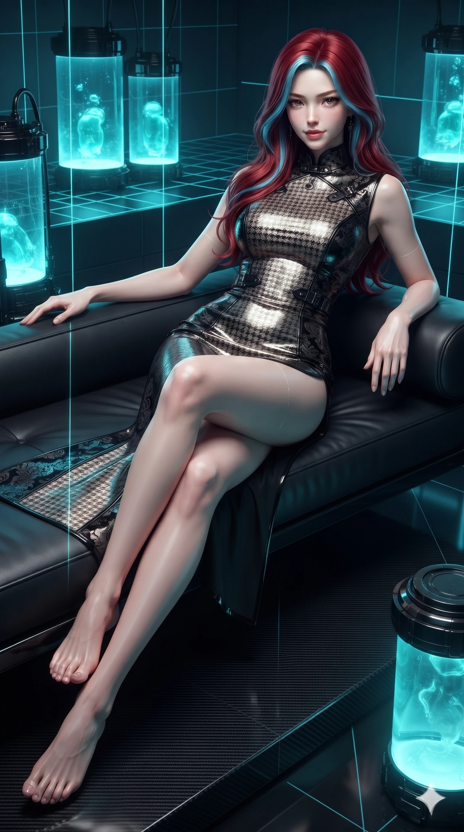 score_9, masterpiece, best quality, ultra-detailed, high-budget anime keyframe, editorial fashion photography, tasteful artistic composition, Caucasian woman. low angle full-body shot from head to toe showing her feet, filling the entire 9:16 vertical frame with her statuesque presence, stretching her vertical silhouette. lounging on the lavish obsidian daybed with legs crossed, displaying her toned midriff and long slender limbs with effortless siren poise while poised on a dark carbon-fiber platform while laser calibration grids scan the room, glowing cyan stasis fluid casting ethereal inner glow through dark glass. The surrounding environment is rendered in vivid detail and crisp panoramic clarity: detailed high-neck ribbed activewear bodysuit tailoring, titanium buckles, and clean cybernetic hardware in razor-sharp precision. She has an absolutely perfect, statuesque 8.5-heads proportion, an exceptionally tall and slender model-like female figure with impossibly long slender legs, an ultra-slim waist, a flat toned midriff, narrow delicate ribcage, and beautifully sculpted feminine hips creating a graceful, slim hourglass silhouette without any bulky heaviness. sharp v-shaped jawline, high-bridge nose, intricate jewel-like dark sparkling eyes with hypnotic seductive depth, thick curled eyelashes, glossy parted lips with a natural wine sheen, alluring bedroom-eyes with an enigmatic smoldering smile, exuding magnetic sovereign charisma and dark avant-garde glamour, flawlessly proportioned anatomical accuracy, strict slender model proportions, natural body alignment, perfectly sculpted long slender limbs, ultra-slim waistline, clean dynamic posture without body distortion. wearing a structured obsidian brocade evening dress with high mandarin collar in celestial champagne ivory and high-gloss jet black, woven from matte carbon-fiber weave with high-tech structural hold, adorned with minimalist black onyx hardware framing the silhouette, accentuating her gracefully sculpted slender torso and statuesque proportions. surrounded by a cool cybernetic aura with intense edge lighting and glowing cyan stasis backlights. ultra-reflective glossy finish, specular highlights, metallic sheen, high-contrast stereoscopic depth, volumetric dynamic lighting, 2k, ultra detail, master piece, 9:16 ratio
