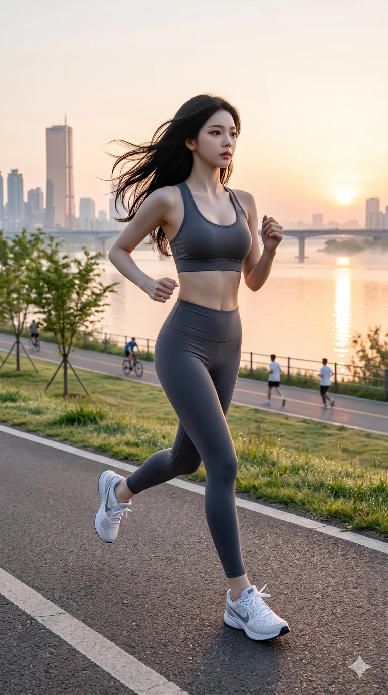 score_9, score_8_up, score_7_up, source_anime, masterpiece, best quality, ultra-detailed, same character with long flowing black hair, wearing a tight grey gym set of sports bra and leggings, full body shot jogging along the Han River park, bright morning sun, skyline in the distance, fresh and energetic atmosphere, 2k, 9:16 ratio