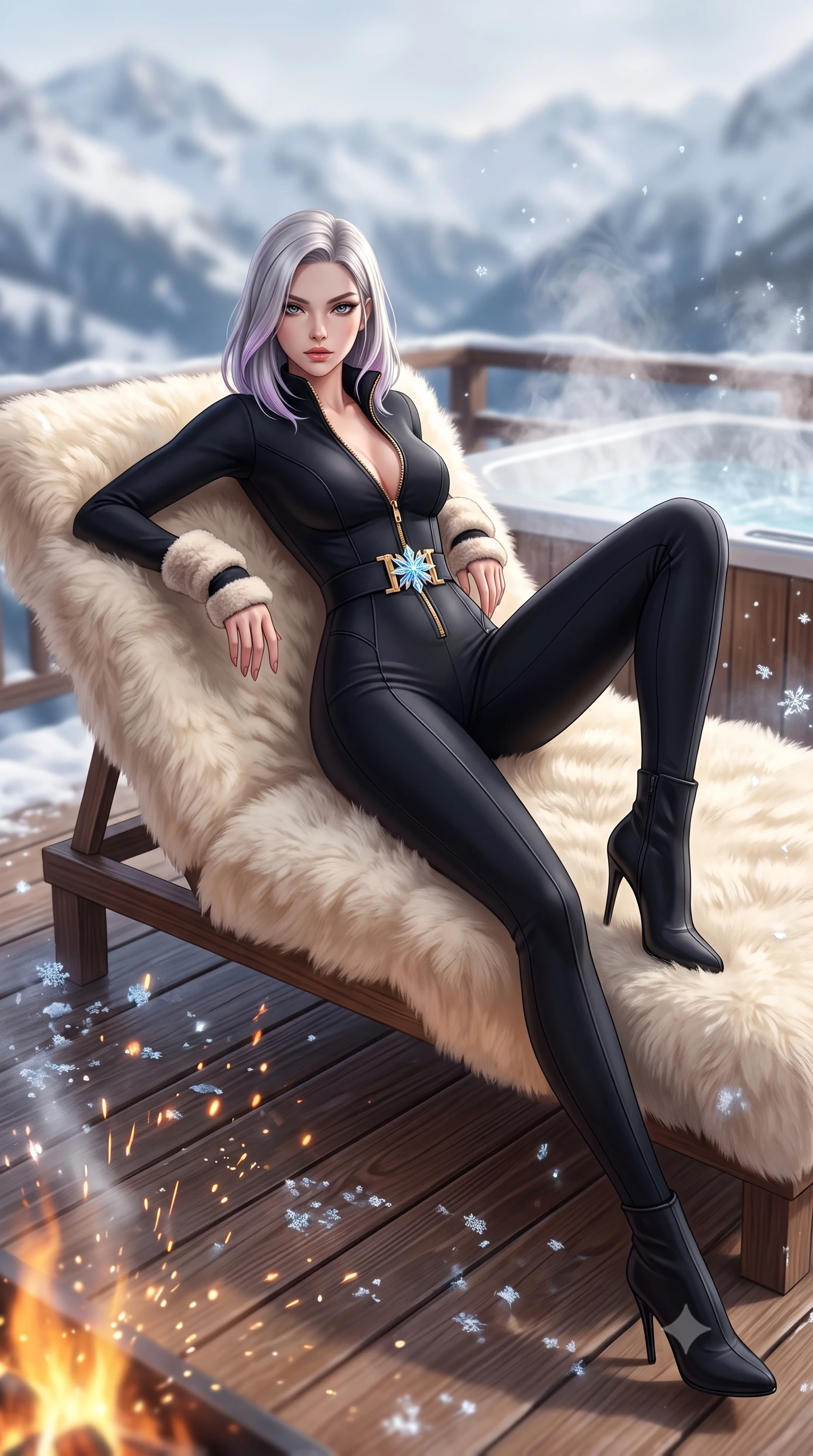 score_9, masterpiece, best quality, ultra-detailed, high-budget anime keyframe, semi-realistic 3D game render, editorial fashion photography, tasteful artistic composition, Caucasian woman. low angle full-body shot from head to toe showing her feet, filling the entire 9:16 vertical frame with her statuesque presence, stretching her vertical silhouette. pivoting dynamically with supreme athletic balance, her impossibly long slender legs and ultra-slim waist creating a mesmerizing vertical line while reclining on an outdoor snow-view fur lounge daybed as steam rises, stretching her long slender legs in seductive comfort. The composition keeps background elements in soft focus with creamy bokeh. sparkling ice crystal flakes and rising fireplace sparks scattering enchanted light motes across the deck. She has an absolutely perfect, statuesque 8.5-heads proportion, an exceptionally tall and slender model-like female figure with impossibly long slender legs, a toned flat midriff, and an ultra-slim waist. sharp v-shaped jawline, high-bridge nose, intricate jewel-like eyes with depth, thick eyelashes, glossy parted lips with a natural sheen, intensely captivating and seductive expression, flawlessly proportioned anatomical accuracy, strict slender model proportions, natural body alignment, perfectly sculpted long slender limbs, ultra-slim waistline, clean dynamic posture without body distortion. wearing a sleek black ski-couture jumpsuit with an open-neck front zipper and golden waist buckle in ice crystal blue and brushed platinum, made of seamless compression knit with anatomical curves sculpting, complemented by plush shearling wrist warmers and stiletto snow boots, the snug thermal second-skin fit accentuating her razor-sharp statuesque lines and slim hourglass silhouette amidst the cold snow. surrounded by a glamorous, elite, and heart-meltingly alluring winter sanctuary goddess aura. highly saturated vibrant anime colors, detailed shading with soft gradients, rich glossy textures, high-contrast stereoscopic depth, volumetric dynamic lighting, master piece, 9:16 ratio