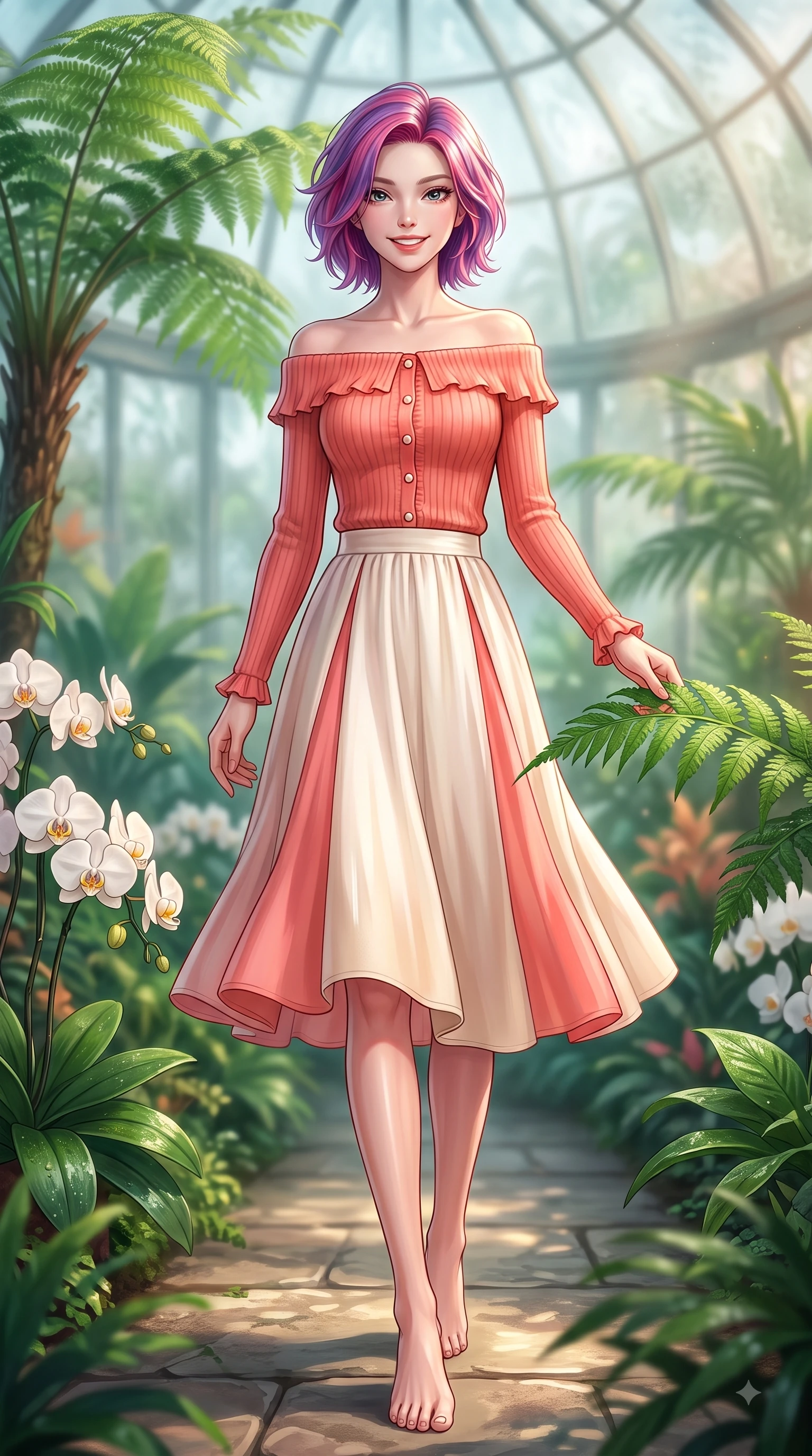 score_9, masterpiece, best quality, ultra-detailed, high-budget anime keyframe, editorial fashion photography, tasteful artistic composition, Caucasian woman. low angle full-body shot from head to toe showing her feet, filling the entire 9:16 vertical frame with her statuesque presence, stretching her vertical silhouette. pivoting dynamically with a fresh infectious smile, her ultra-slim waist creating a sweeping fluid curve while strolling happily along a stone garden path amidst towering tropical ferns and blooming white orchids. The composition keeps background elements in soft focus with dreamy bokeh. lush tropical foliage and misty glass dome panes blurred into a dreamy emerald background bokeh. She has an absolutely perfect, statuesque 8.5-heads proportion, an exceptionally tall and slender model-like female figure with impossibly long slender legs and an ultra-slim waist. sharp v-shaped jawline, high-bridge nose, intricate jewel-like eyes with depth, thick eyelashes, glossy lips with a natural sheen, flawlessly proportioned anatomical accuracy, natural body alignment, perfectly sculpted elegant limbs, clean dynamic posture without body distortion. wearing a soft coral off-shoulder ribbed knit top paired with a flowy white A-line midi skirt in warm coral pink and champagne ivory, knitted from soft cozy cashmere yarn, finished with subtle ruffle trims and delicate pearl buttons, the relaxed yet flattering fit accentuating her naturally graceful and slender figure. surrounded by a peaceful, sun-drenched, and healing greenhouse atmosphere. highly saturated vibrant anime colors, detailed shading with soft gradients, rich glossy textures, high-contrast stereoscopic depth, volumetric dynamic lighting, master piece, 9:16 ratio