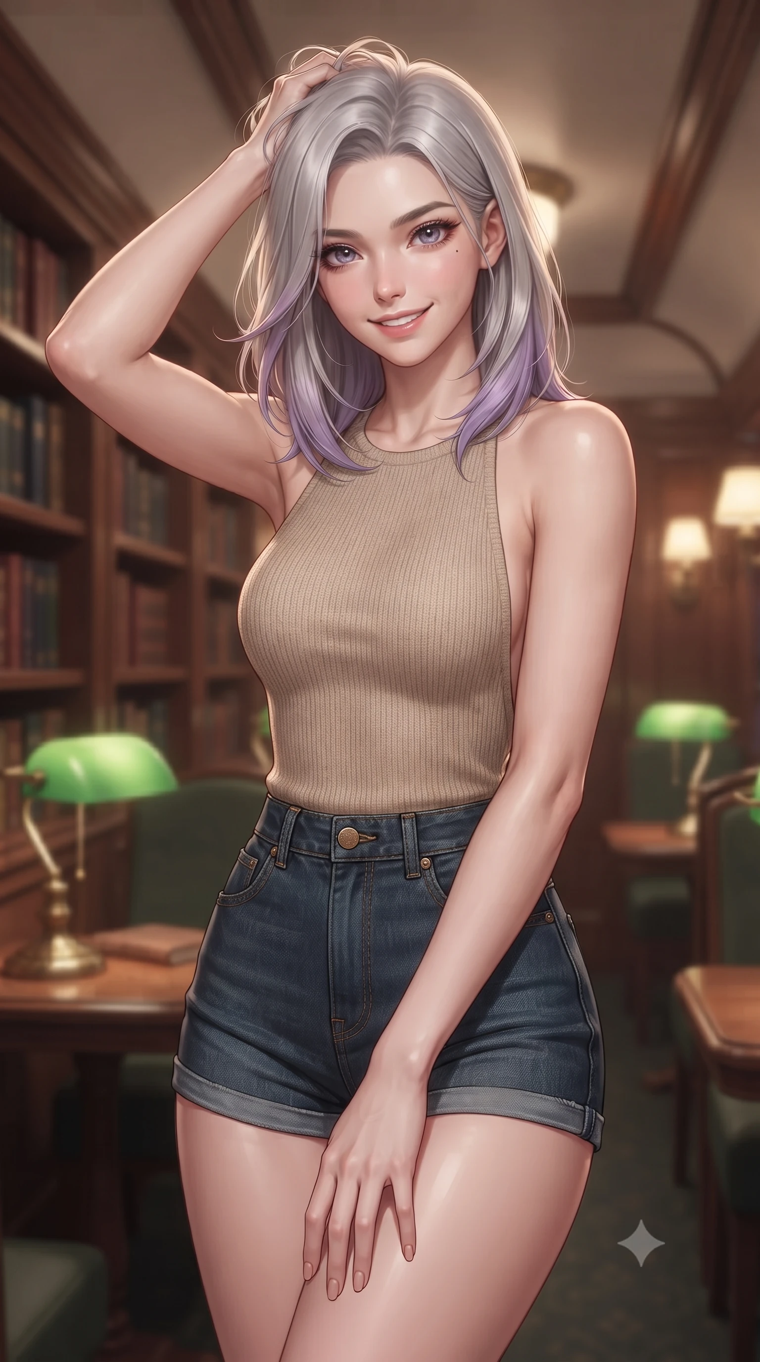 score_9, masterpiece, best quality, ultra-detailed, high-budget anime keyframe, editorial fashion photography, tasteful artistic composition, Caucasian woman. close-up cowboy shot from the waist and thighs up, the character dominates the composition, filling the frame with her large presence, background elements kept in soft focus. smiling with quiet, magnetic self-assurance directly into the camera, running a hand through her hair the background shows a soft-focus the library car of an exclusive rail liner with wood-lined shelves and green lamps. She has an exceptionally elegant, slender, and willowy female figure with an ultra-slim waist, a gracefully sculpted slender torso, and a refined silhouette. sharp v-shaped jawline, high-bridge nose, intricate jewel-like eyes with depth, thick eyelashes, glossy lips with a natural sheen. wearing a slim-fit backless knit top in beige wool, paired with high-waisted denim shorts. soft warm glow from the reading lamps creating a quiet and meditative mood. ultra-reflective glossy finish, specular highlights, metallic sheen, high-contrast stereoscopic depth, volumetric dynamic lighting, 2k, ultra detail, master piece, 9:16 ratio