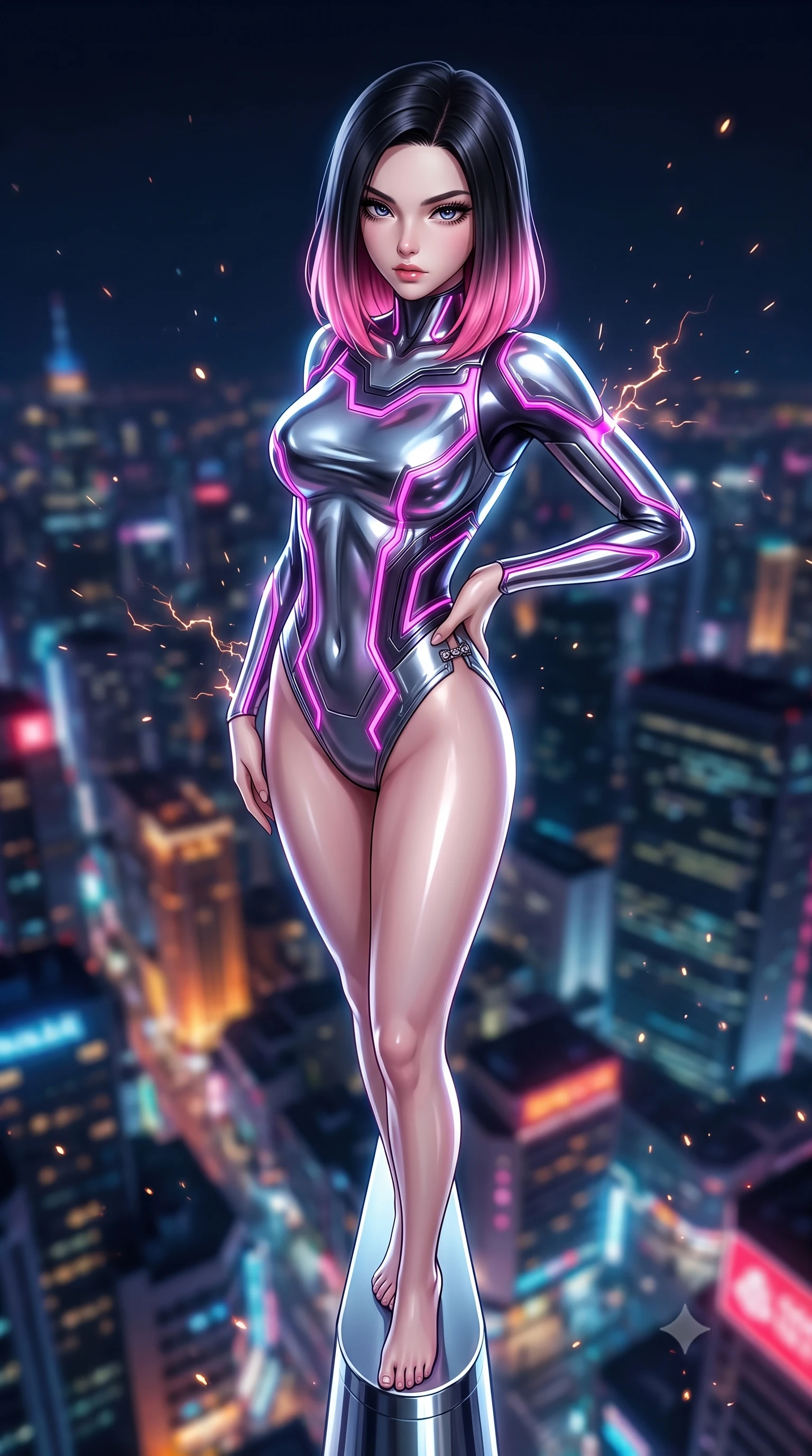 score_9, masterpiece, best quality, ultra-detailed, high-budget anime keyframe, semi-realistic 3D game render, editorial fashion photography, tasteful artistic composition, Korean woman. close-up cowboy shot from the waist and thighs up, the character dominates the composition, filling the frame with her large presence. twisting her upper body in a dynamic S-curve with commanding allure, one hand resting on her slender waist with haughty grace while standing with statuesque majesty on the extreme chrome spire tip of a 200-story skyscraper above a neon metropolis. The composition keeps background elements in soft focus with creamy bokeh. crackling plasma sparks scattering subtle glowing light motes across a dark nocturnal backdrop. She has an exceptionally elegant, slender, and willowy female figure with an ultra-slim waist, a gracefully sculpted slender torso, toned flat midriff, and a refined slim silhouette. sharp v-shaped jawline, high-bridge nose, intricate jewel-like eyes with depth, thick eyelashes, glossy lips with a natural sheen, flawlessly proportioned anatomical accuracy, strict slender model proportions, natural body alignment, perfectly sculpted long slender limbs, ultra-slim waistline, clean dynamic posture without body distortion. wearing an aerodynamic sculpted liquid-chrome bodysuit with glowing neon fiber-optic circuitry and an elegant high-fashion cut in vibrant electric magenta and ultra-reflective dark titanium, made of liquid jersey fabric that clings flawlessly to every contour of her build, finished with an ultra-high side slit secured by miniature magnetic clasps, the form-contouring material adhering flawlessly to her sculpted flat midriff and slender torso, emphasizing her long leg lines and perfectly proportioned willowy build. illuminated by crisp white key lighting with sharp specular highlights tracing her ultra-slim waist and long legs. rich saturated anime colors with glowing neon highlights, detailed shading with soft gradients, rich glossy textures, high-contrast stereoscopic depth, volumetric dynamic lighting, master piece, 9:16 ratio