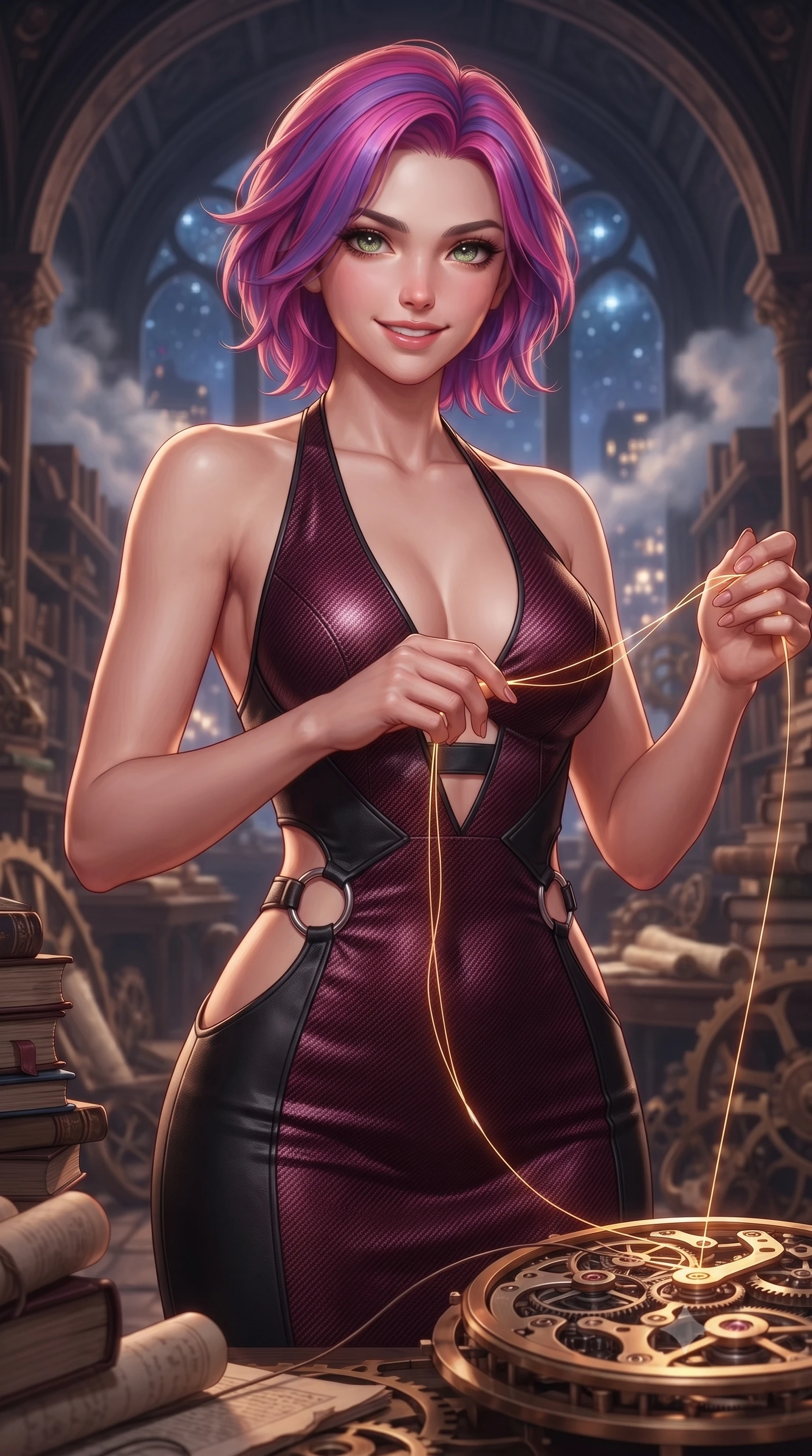 score_9, masterpiece, best quality, ultra-detailed, high-budget anime keyframe, editorial fashion photography, tasteful artistic composition, Caucasian woman. close-up cowboy shot from the waist and thighs up, the character dominates the composition, filling the frame with her large presence, background elements kept in soft focus. Smiling with quiet, magnetic self-assurance directly into the lens threading glowing clockwork spring wires inside a majestic archives hall, distant starlight and city lights twinkling through steam clouds. She has an exceptionally elegant, slender, and willowy female figure with an ultra-slim waist, a gracefully sculpted slender torso, and a refined silhouette. sharp v-shaped jawline, high-bridge nose, intricate jewel-like eyes with depth, thick eyelashes, glossy lips with a natural sheen. wearing a deep-scoop halter bodycon dress with hip cutouts connected by silver rings in deep burgundy and bronze, made of fine carbon-fiber weave and soft matte leather, featuring subtle geometric cutouts that highlight her ultra-slim midriff, the elegant draped fit framing her graceful clavicle and slender torso. bathed in warm twilight amber backlighting and rich metallic specular glow. ultra-reflective glossy finish, specular highlights, metallic sheen, high-contrast stereoscopic depth, volumetric dynamic lighting, 2k, ultra detail, master piece, 9:16 ratio
