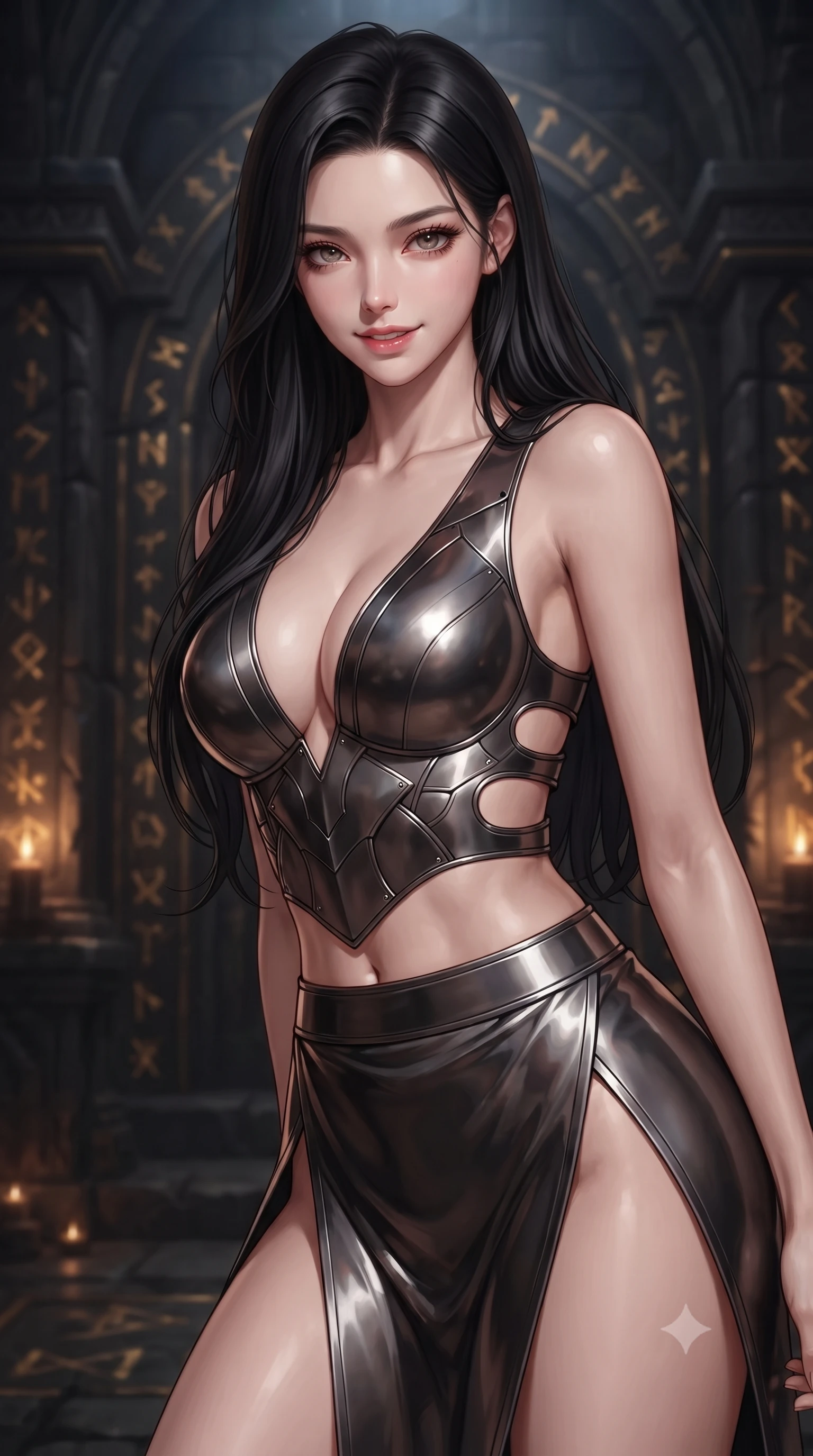 score_9, masterpiece, best quality, ultra-detailed, high-budget anime keyframe, editorial fashion photography, tasteful artistic composition, Korean woman. close-up cowboy shot from the waist and thighs up, the character dominates the composition, filling the frame with her large presence, background elements kept in soft focus. leaning slightly forward with a playful, teasing smile, her gaze locked onto the viewer with lips parted in a composed pose, the background shows a soft-focus a cathedral crypt built of black basalt stones with gold runic carvings. She has an exceptionally elegant, slender, and willowy female figure with an ultra-slim waist, a gracefully sculpted slender torso, and a refined silhouette. sharp v-shaped jawline, high-bridge nose, intricate jewel-like eyes with depth, thick eyelashes, glossy lips with a natural sheen. wearing a body-hugging deep plunging-V neck bodycon armor top, featuring keyhole cutouts along the ribs and a thigh-slit wrap skirt. low-key amber lights casting cozy, mysterious shadows on basalt pillars. ultra-reflective glossy finish, specular highlights, metallic sheen, high-contrast stereoscopic depth, volumetric dynamic lighting, 2k, ultra detail, master piece, 9:16 ratio
