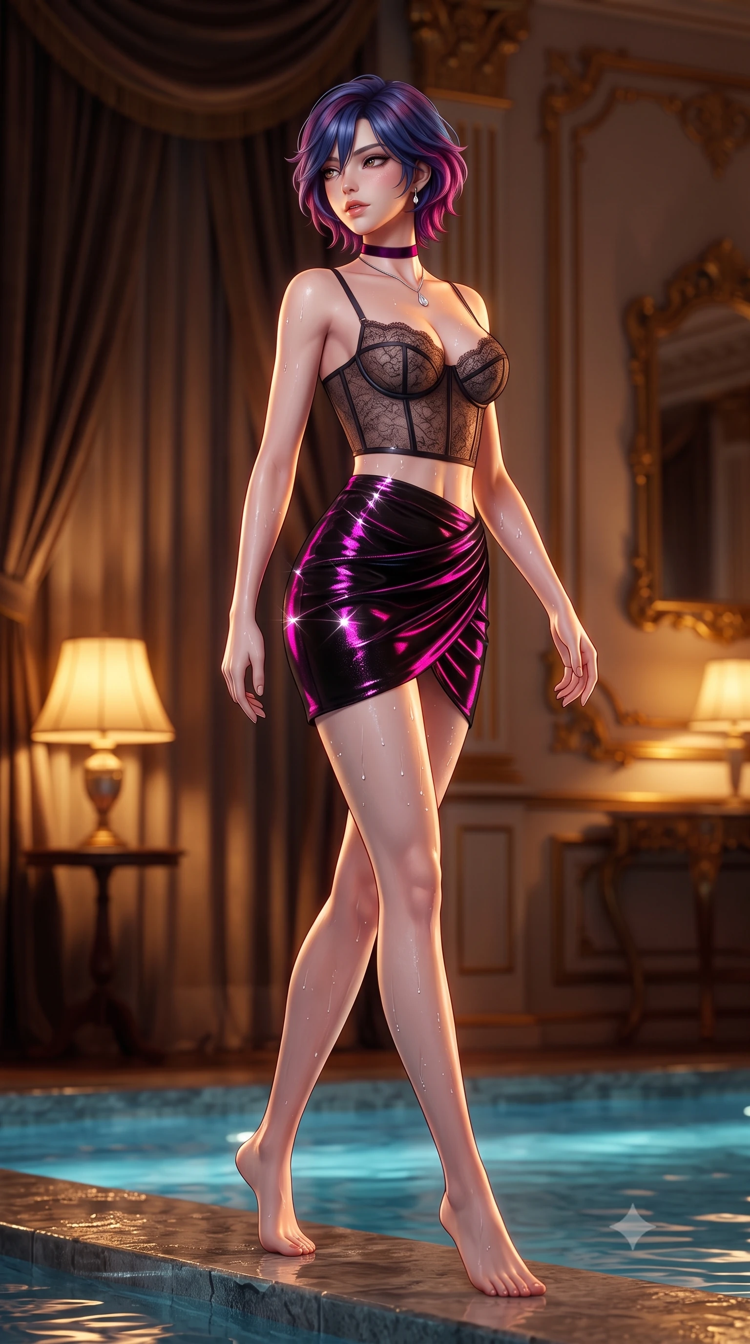 score_9, masterpiece, best quality, ultra-detailed, high-budget anime keyframe, semi-realistic 3D game render, editorial fashion photography, tasteful artistic composition, Korean woman. low angle full-body shot from head to toe showing her feet, filling the entire 9:16 vertical frame with her statuesque presence, stretching her vertical silhouette. walking along the illuminated pool edge with water droplets glinting on her skin, looking back over her bare shoulder with an irresistible smoldering bedroom-gaze while twisting her slender torso in an alluring contrapposto stance beside the vintage gilded mirror, her silhouette radiating dangerous high-society charm. The background shows a soft-focus heavy velvet drapery and art deco gilded moldings softened in exclusive private club shallow focus. She has an absolutely perfect, statuesque 8.5-heads proportion, an exceptionally tall and slender model-like female figure with impossibly long slender legs, an ultra-slim waist, a flat toned midriff, narrow delicate ribcage, and beautifully sculpted feminine hips creating a graceful, slim hourglass silhouette without any bulky heaviness. sharp v-shaped jawline, high-bridge nose, sparkling eyes with hypnotic seductive depth, thick curled eyelashes, glossy parted lips with a natural dewy peach sheen, alluring bedroom-eyes with an enchanting coquettish smile, exuding magnetic siren charisma and sophisticated high-fashion glamour, flawlessly proportioned anatomical accuracy, strict slender model proportions, natural body alignment, perfectly sculpted long slender limbs, ultra-slim waistline, clean dynamic posture without body distortion. wearing a sculpted underwire demi-bustier in semi-sheer lace paired with an ultra-short draped tulip skirt in wet-look onyx black with electric magenta reflections, woven from stretch metallic lurex jersey casting radiant starlight glints across her silhouette, finished with a thin velvet ribbon choker and a single teardrop diamond pendant, the high-slit wrap tailoring accentuating her ultra-slim waistline and the enchanting curve of her feminine hips with alluring seductive charm. bathed in moody amber chiaroscuro lighting spilling softly from vintage shaded table lamps. highly saturated vibrant anime colors, detailed shading with soft gradients, rich glossy textures, high-contrast stereoscopic depth, volumetric dynamic lighting, master piece, 9:16 ratio