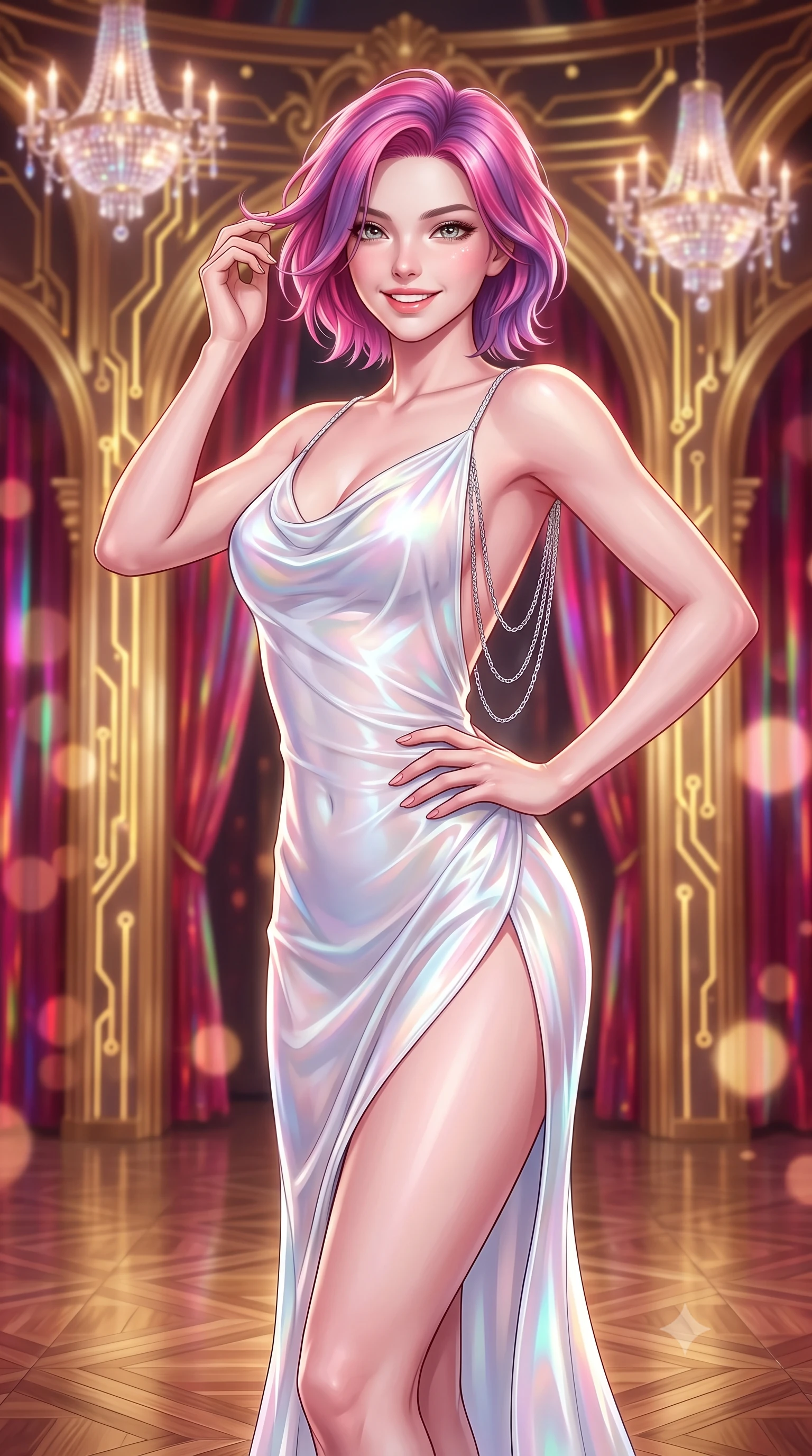 score_9, masterpiece, best quality, ultra-detailed, high-budget anime keyframe, semi-realistic 3D game render, editorial fashion photography, tasteful artistic composition, Caucasian woman. close-up cowboy shot from the waist and thighs up, the character dominates the composition, filling the frame with her large presence. twisting her slender torso in an alluring contrapposto stance, one hand resting on her sculpted hip while her fingers toy with her hair with effortless poise while standing poised at the center of the gilded cyber-baroque opera stage beneath levitating plasma chandeliers, arching her lower back with sovereign diva charisma. The background shows a soft-focus levitating crystal plasma chandelier, soaring gilded baroque arches interlaced with pulsing gold circuits, and holographic crimson curtains blurred into ruby, gold, and champagne bokeh. She has an exceptionally elegant, slender, and willowy female figure with an ultra-slim waist, flat toned midriff, narrow ribcage, and sculpted feminine hips creating an alluring, slim hourglass silhouette without bulk. sharp v-shaped jawline, high-bridge nose, intricate jewel-like sparkling eyes with depth, thick eyelashes, glossy parted lips with a natural peach sheen, bright cheerful beaming smile with an enchanting and coquettish sensual glint, exuding both youthful cute charm and seductive allure, flawlessly proportioned anatomical accuracy, strict slender model proportions, natural body alignment, perfectly sculpted long slender limbs, ultra-slim waistline, clean dynamic posture without body distortion. wearing a form-contouring gossamer silk chiffon slip dress with a hip-high slit and open cowl back clinging with dewy moisture in holographic prismatic pearl and titanium white, crafted from translucent silk organza with an ethereal crystalline sheen, accented with an open-back drape framed by falling strands of delicate chrome chains, the high-slit wrap tailoring accentuating her ultra-slim waistline and the enchanting curve of her feminine hips with alluring seductive charm. illuminated by polished parquet reflection bounce and sharp gold-plasma rim lights sculpting her jawline, narrow waist, and curvy hips. highly saturated vibrant anime colors, detailed shading with soft gradients, rich glossy textures, high-contrast stereoscopic depth, volumetric dynamic lighting, master piece, 9:16 ratio