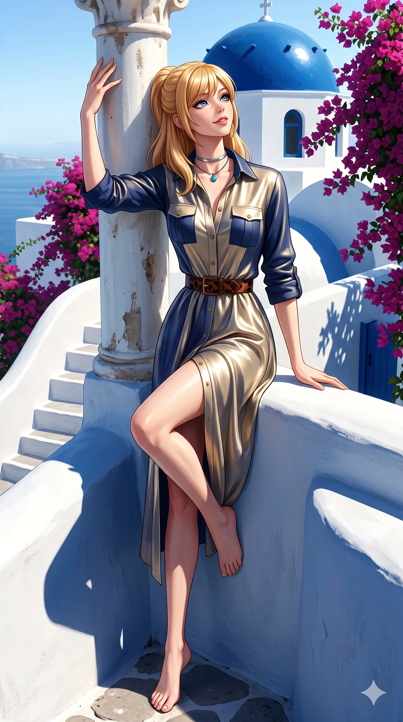 score_9, masterpiece, best quality, ultra-detailed, high-budget anime keyframe, semi-realistic 3D game render, editorial fashion photography, tasteful artistic composition, Caucasian woman. low angle full-body shot from head to toe showing her feet, filling the entire 9:16 vertical frame with her statuesque presence, stretching her vertical silhouette. standing tall beside the architectural column, one hand resting high while arching her lower back to emphasize her sculpted feminine hips and slender waist while sitting poised on the whitewashed terrace parapet with one knee bent, arching her spine with supermodel elegance as she glances upward through thick eyelashes. The surrounding environment is rendered in vivid detail and crisp panoramic clarity: sharp whitewashed stair edge curves, glossy cobalt dome enamel paint, and delicate bougainvillea petal veins in deep focus. She has an absolutely perfect, statuesque 8.5-heads proportion, an exceptionally tall and slender model-like female figure with impossibly long slender legs, an ultra-slim waist, a flat toned midriff, narrow delicate ribcage, and beautifully sculpted feminine hips creating a graceful, slim hourglass silhouette without any bulky heaviness. sharp v-shaped jawline, high-bridge nose, sparkling eyes with hypnotic seductive depth, thick curled eyelashes, glossy parted lips with a natural dewy peach sheen, alluring bedroom-eyes with an enchanting coquettish smile, exuding magnetic siren charisma and sophisticated glamour, flawlessly proportioned anatomical accuracy, strict slender model proportions, natural body alignment, perfectly sculpted long slender limbs, ultra-slim waistline, clean dynamic posture without body distortion. wearing a refined long-sleeve linen safari shirt dress with structured tortoise belt and rolled sleeves in French Riviera navy and crisp champagne gold, crafted from luxurious metallic lamé that shifts radiance with every step, finished with a minimalist chrome choker and a single turquoise stone pendant, the impeccably tailored cut draping gracefully along her slender figure with aristocratic resort poise. bathed in the intense, crystal-clear 4000K Mediterranean sun casting crisp, geometric dark blue shadows on organic white plaster surfaces. highly saturated vibrant anime colors, detailed shading with soft gradients, rich glossy textures, high-contrast stereoscopic depth, volumetric dynamic lighting, master piece, 9:16 ratio