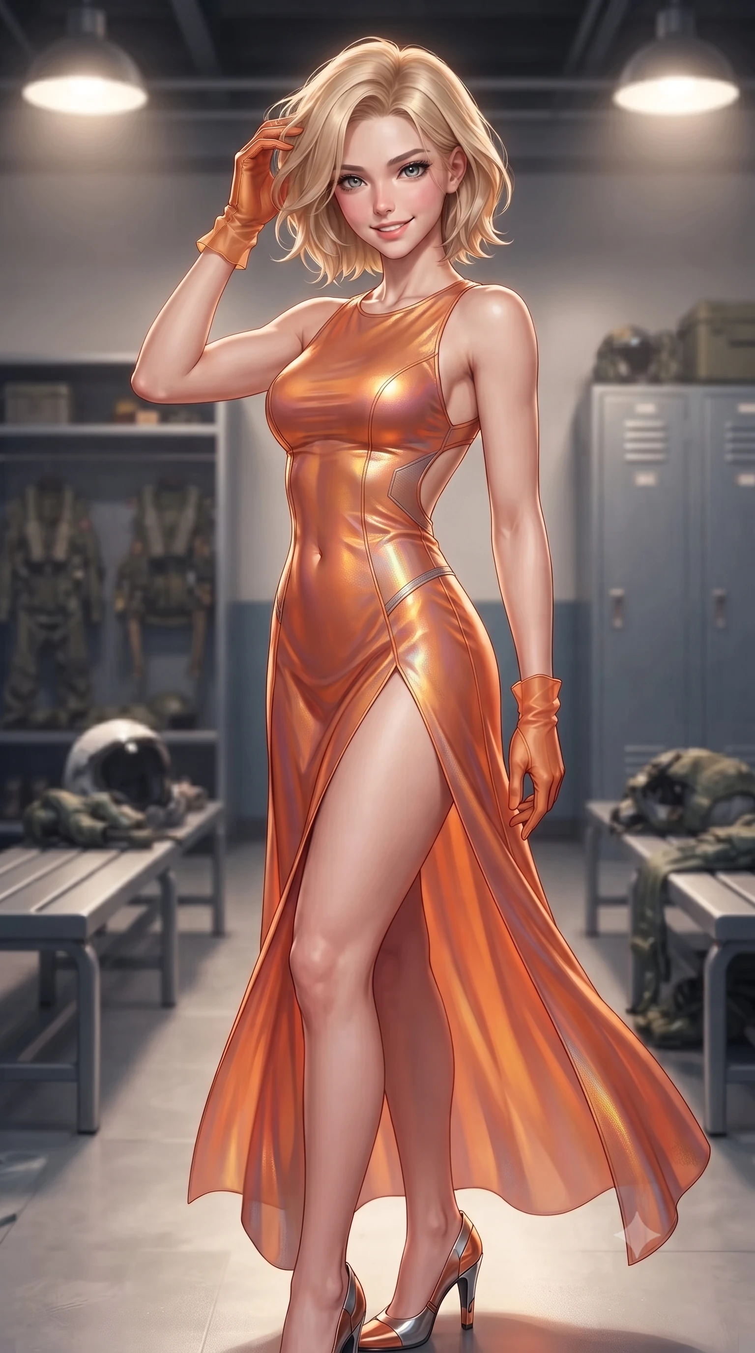 score_9, masterpiece, best quality, ultra-detailed, high-budget anime keyframe, editorial fashion photography, tasteful artistic composition, Caucasian woman. close-up cowboy shot from the waist and thighs up, the character dominates the composition, filling the frame with her large presence, background elements kept in soft focus. slowly running a hand through her hair, smiling with quiet, magnetic self-assurance directly into the camera, the background shows a soft-focus a pilot ready room with metal benches, flight gear, and composite lockers. She has an exceptionally elegant, slender, and willowy female figure with an ultra-slim waist, a gracefully sculpted slender torso, and a refined silhouette. sharp v-shaped jawline, high-bridge nose, intricate jewel-like eyes with depth, thick eyelashes, glossy lips with a natural sheen. wearing a tailored high-slit space combat gown in sunset orange chiffon, featuring a daring thigh-slit and an open-back design. bright halogen lamps casting detailed front illumination with soft shadows. ultra-reflective glossy finish, specular highlights, metallic sheen, high-contrast stereoscopic depth, volumetric dynamic lighting, 2k, ultra detail, master piece, 9:16 ratio