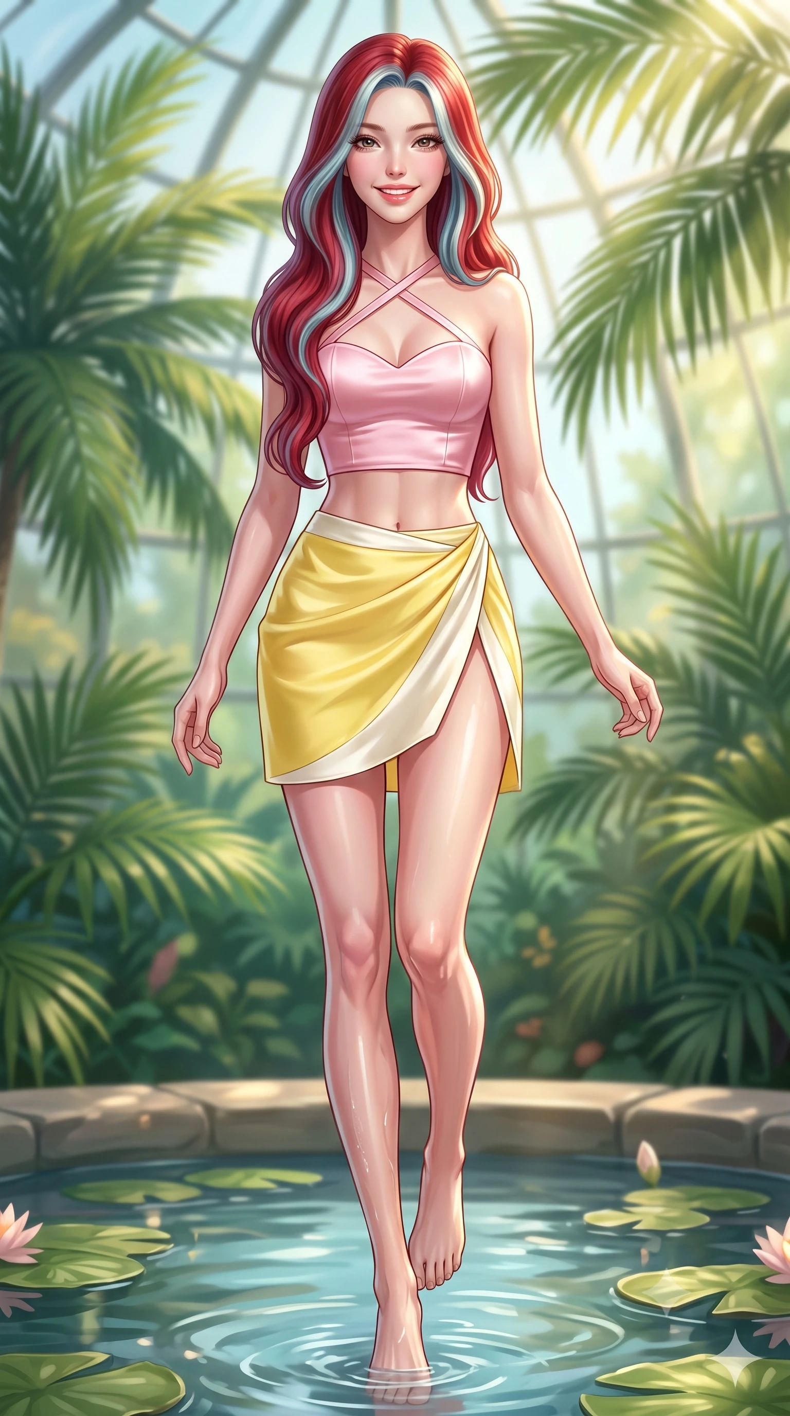 score_9, masterpiece, best quality, ultra-detailed, high-budget anime keyframe, semi-realistic 3D game render, editorial fashion photography, tasteful artistic composition, Caucasian woman. low angle full-body shot from head to toe showing her feet, filling the entire 9:16 vertical frame with her statuesque presence, stretching her vertical silhouette. stepping forward gracefully in mid-motion with a radiant beaming smile, hips swaying in an alluring kinetic rhythm that accentuates her curvy hourglass silhouette and long slender legs while wading lightly beside a tranquil stone lily pond with one knee bent, water caustics tracing her feminine hips and long slender legs. The composition keeps background elements in soft focus with dreamy creamy bokeh. lush tropical palm fronds and soaring glass dome panes blurred into a dreamy emerald, jade, and golden sunbeam bokeh. She has an exceptionally tall and slender model-like 8.5-heads proportion, an ultra-slim waist, a flat toned midriff, narrow delicate ribcage, and beautifully sculpted feminine hips creating a graceful, slim hourglass silhouette without any bulky heaviness, with impossibly long slender legs. sharp v-shaped jawline, high-bridge nose, intricate jewel-like sparkling eyes with depth, thick eyelashes, glossy parted lips with a natural peach sheen, bright cheerful beaming smile with an enchanting and coquettish sensual glint, exuding both youthful cute charm and seductive allure, flawlessly proportioned anatomical accuracy, strict slender model proportions, natural body alignment, perfectly sculpted long slender limbs, ultra-slim waistline, clean dynamic posture without body distortion. wearing a sweetheart-neckline baby-pink crop top with a high-slit wrap mini skirt accentuating her waist-to-hip curve in bright butter yellow and fresh cream white, made of smooth fluid silk satin with a delicate pearlescent sheen, finished with criss-cross back satin straps highlighting her graceful shoulder blades, the form-fitting cut adhering flawlessly to her sculpted flat midriff and slender torso, emphasizing her long leg lines and perfectly proportioned willowy build. bathed in fresh botanical sunbeams filtering through the soaring glass dome. highly saturated vibrant anime colors, detailed shading with soft gradients, rich glossy textures, high-contrast stereoscopic depth, volumetric dynamic lighting, master piece, 9:16 ratio