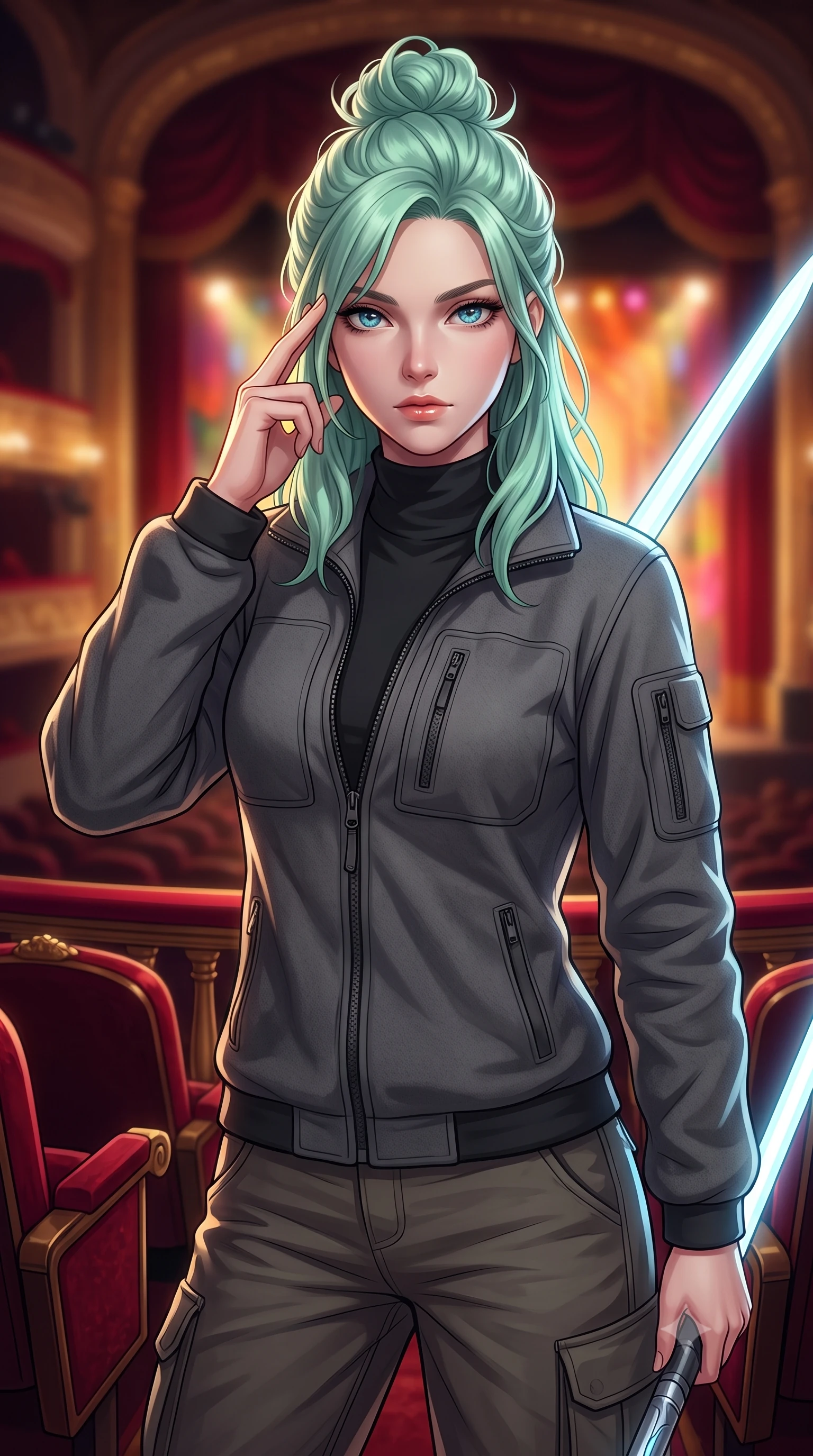 score_9, masterpiece, best quality, ultra-detailed, high-budget anime keyframe, editorial fashion photography, tasteful artistic composition, Japanese woman. close-up cowboy shot from the waist and thighs up, the character dominates the composition, filling the frame with her large presence, background elements kept in soft focus. pressing two fingers to her temple while holding a light-spear diagonally behind her in a composed thoughtful gesture, the background shows a soft-focus an intimate opera box seating with plush velvet chairs facing a glowing stage. She has an exceptionally elegant, slender, and willowy female figure with an ultra-slim waist, a gracefully sculpted slender torso, and a refined silhouette. sharp v-shaped jawline, high-bridge nose, intricate jewel-like eyes with depth, thick eyelashes, glossy lips with a natural sheen. wearing a tailored comfortable charcoal fleece flight jacket over a protective high-neck undershirt and utility cargo pants. dramatic theater stage lights casting a bright key light and deep shadows on her. highly saturated vibrant anime colors, detailed shading with soft gradients, rich glossy textures, high-contrast stereoscopic depth, volumetric dynamic lighting, master piece, 9:16 ratio