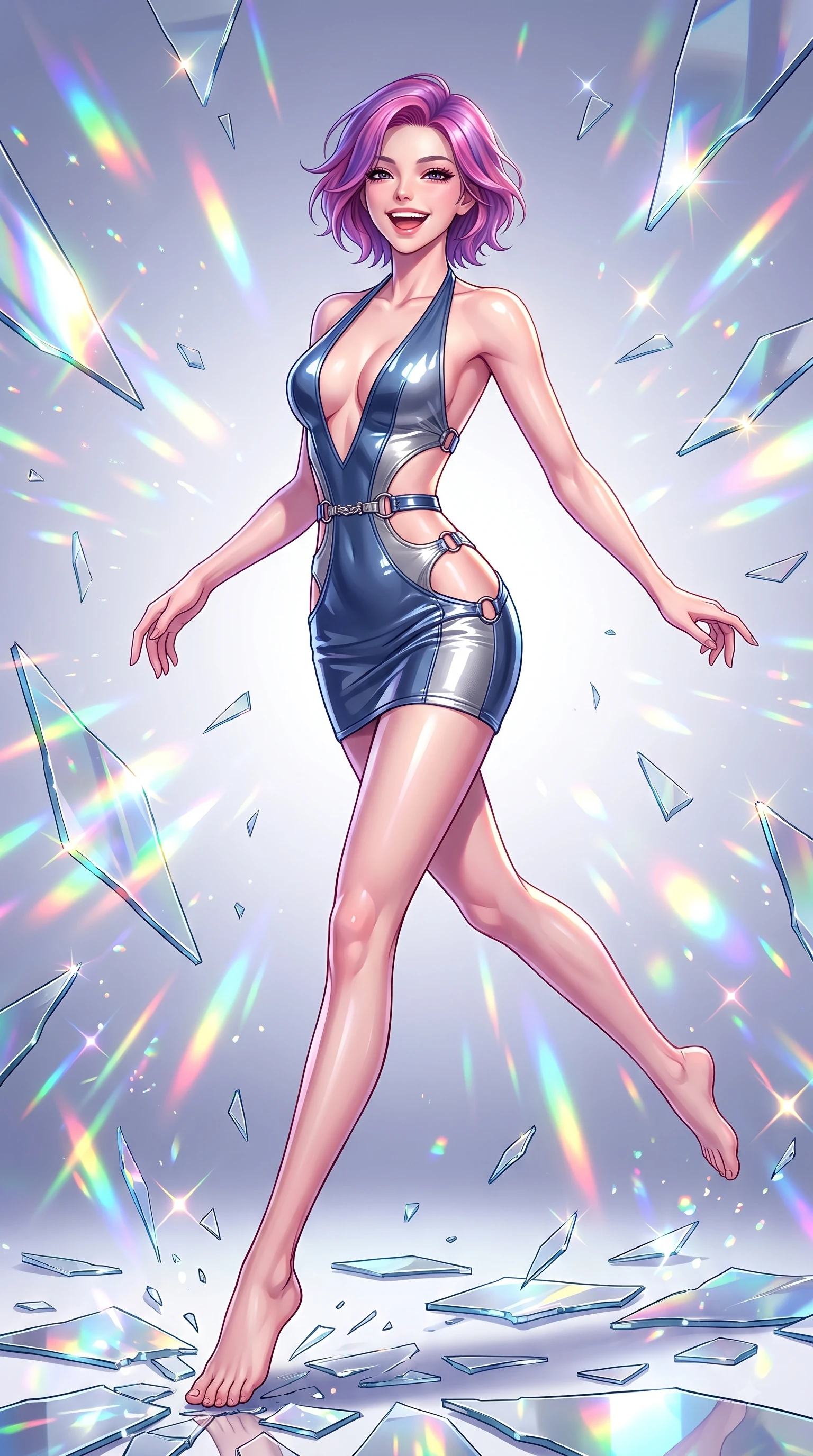 score_9, masterpiece, best quality, ultra-detailed, high-budget anime keyframe, editorial fashion photography, tasteful artistic composition, Caucasian woman. low angle full-body shot from head to toe showing her feet, filling the entire 9:16 vertical frame with her statuesque presence, stretching her vertical silhouette. forging dynamically through the scene with a happy infectious smile, her ultra-slim waist creating a sweeping curve while leaping dynamically through the air with a radiant laughing expression on an open art stage, shattered mirror shards scattering brilliant rainbow reflections and happy energy everywhere. She has an absolutely perfect, statuesque 8.5-heads proportion, an exceptionally tall and slender model-like female figure with impossibly long slender legs and an ultra-slim waist. sharp v-shaped jawline, high-bridge nose, intricate jewel-like eyes with depth, thick eyelashes, glossy lips with a natural sheen, flawlessly proportioned anatomical accuracy, natural body alignment, perfectly sculpted elegant limbs, clean dynamic posture without body distortion. wearing a deep-scoop halter bodycon dress with hip cutouts connected by silver rings in slate blue and metallic silver, tailored from high-gloss patent leather, accented with delicate chrome ring hardware framing her waist, the tailored fabric tightly following every curve of her athletic build. bathed in high-contrast vibrant studio lighting with sharp cheerful specular highlights. highly saturated vibrant anime colors, detailed shading with soft gradients, rich glossy textures, high-contrast stereoscopic depth, volumetric dynamic lighting, master piece, 9:16 ratio
