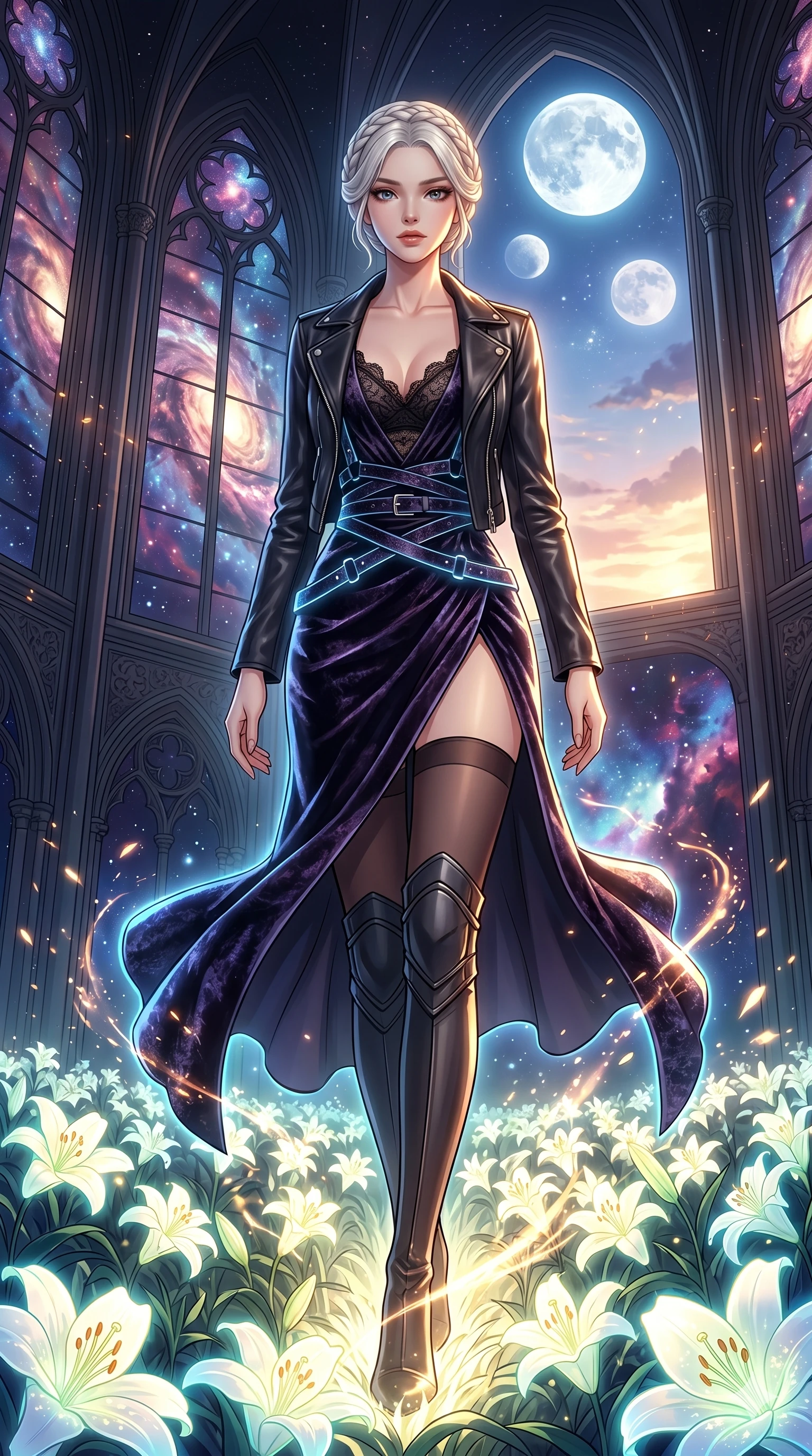 score_9, masterpiece, best quality, ultra-detailed, High-budget Anime Keyframe, vibrant colors, fluid line-art, expressive lighting, cinematic composition, Ufotable-style visual effects, top-tier animation quality, Korean woman with idol-like refined features. Cinematic low angle perspective showcasing her towering height and perfect 8-heads proportion. Walking gracefully through a field of bioluminescent lilies that glow brighter as she passes, under a sky filled with three moons. She has an absolutely perfect 8-heads proportion, an exceptionally tall and slender female figure with impossibly long slender legs and an ultra-slim waist, her statuesque height and towering silhouette dominating the vertical 9:16 frame. Her face is a masterpiece featuring a sharp v-shaped jawline, high-bridge nose, intricate jewel-like eyes with depth, thick eyelashes, and glossy lips with a natural sheen. She is wearing a stylishly unzipped leather jacket over a delicate lace top and a stylish belt harness crafted from Crushed dark velvet with a deep, rich texture that absorbs light and glows at the edges, with a dangerous high slit that showcases her impossibly long slender legs. The scene is set in a majestic gothic cathedral in deep space with massive windows overlooking a swirling nebula, illuminated by golden hour sunlight that gives her skin a warm, radiant glow. 2k, ultra detail, master piece, 9:16 ratio