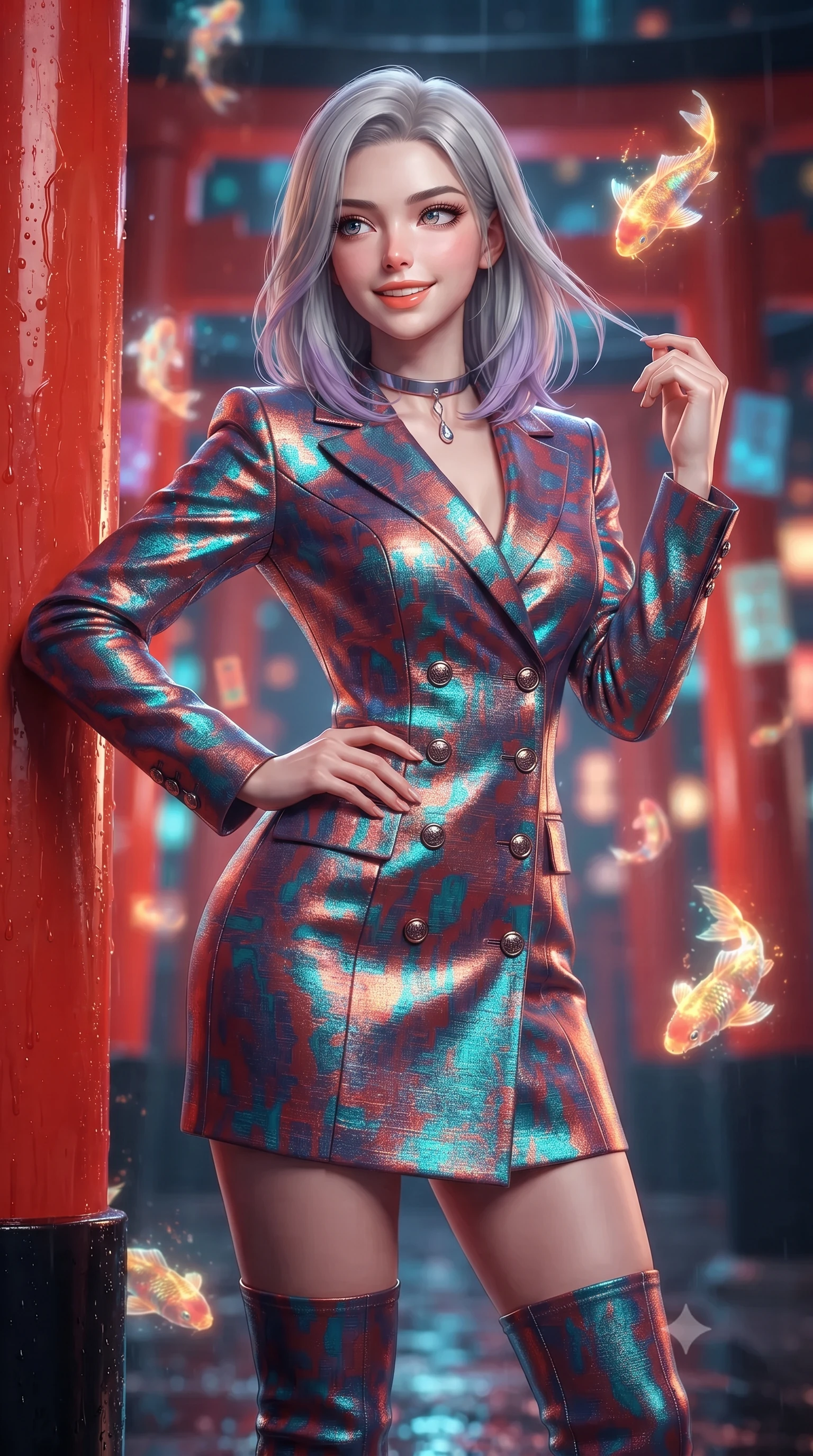 score_9, masterpiece, best quality, ultra-detailed, high-budget anime keyframe, editorial fashion photography, tasteful artistic composition, Caucasian woman. close-up cowboy shot from the waist and thighs up, the character dominates the composition, filling the frame with her large presence. twisting her slender torso in an alluring contrapposto stance, one hand resting on her sculpted hip while her fingers toy with her hair with effortless poise while leaning against the wet lacquer shrine pillar with hips cocked back, gazing at swimming holographic gold koi fish with smoldering bedroom-eyes. The background shows a soft-focus towering vermilion Torii gates with pulsing circuit traces, shimmering digital koi holograms, and floating cyber-talismans blurred into ruby, cyan, and gold bokeh. She has an exceptionally elegant, slender, and willowy female figure with an ultra-slim waist, flat toned midriff, narrow ribcage, and sculpted feminine hips creating an alluring, slim hourglass silhouette without bulk. sharp v-shaped jawline, high-bridge nose, intricate jewel-like sparkling eyes with depth, thick eyelashes, glossy parted lips with a natural peach sheen, bright cheerful beaming smile with an enchanting and coquettish sensual glint, exuding both youthful cute charm and seductive allure, flawlessly proportioned anatomical accuracy, strict slender model proportions, natural body alignment, perfectly sculpted long slender limbs, ultra-slim waistline, clean dynamic posture without body distortion. wearing a tailored double-breasted iridescent silk lamé coat dress with metallic button closures in cyber-shinto vermilion and electric teal, tailored from high-density tech-wool with subtle metallic thread weave, finished with a minimalist chrome choker and a single teardrop diamond pendant, the bespoke structured tailoring following the natural line of her 8.5-heads silhouette with refined elegance. illuminated by mirrored water reflection bounce and sharp neon-violet rim lights defining her dewy collarbones, ultra-slim waist, and curvy hips. ultra-reflective glossy finish, specular highlights, rich textural contrasts, high-contrast stereoscopic depth, volumetric dynamic lighting, 2k, ultra detail, master piece, 9:16 ratio