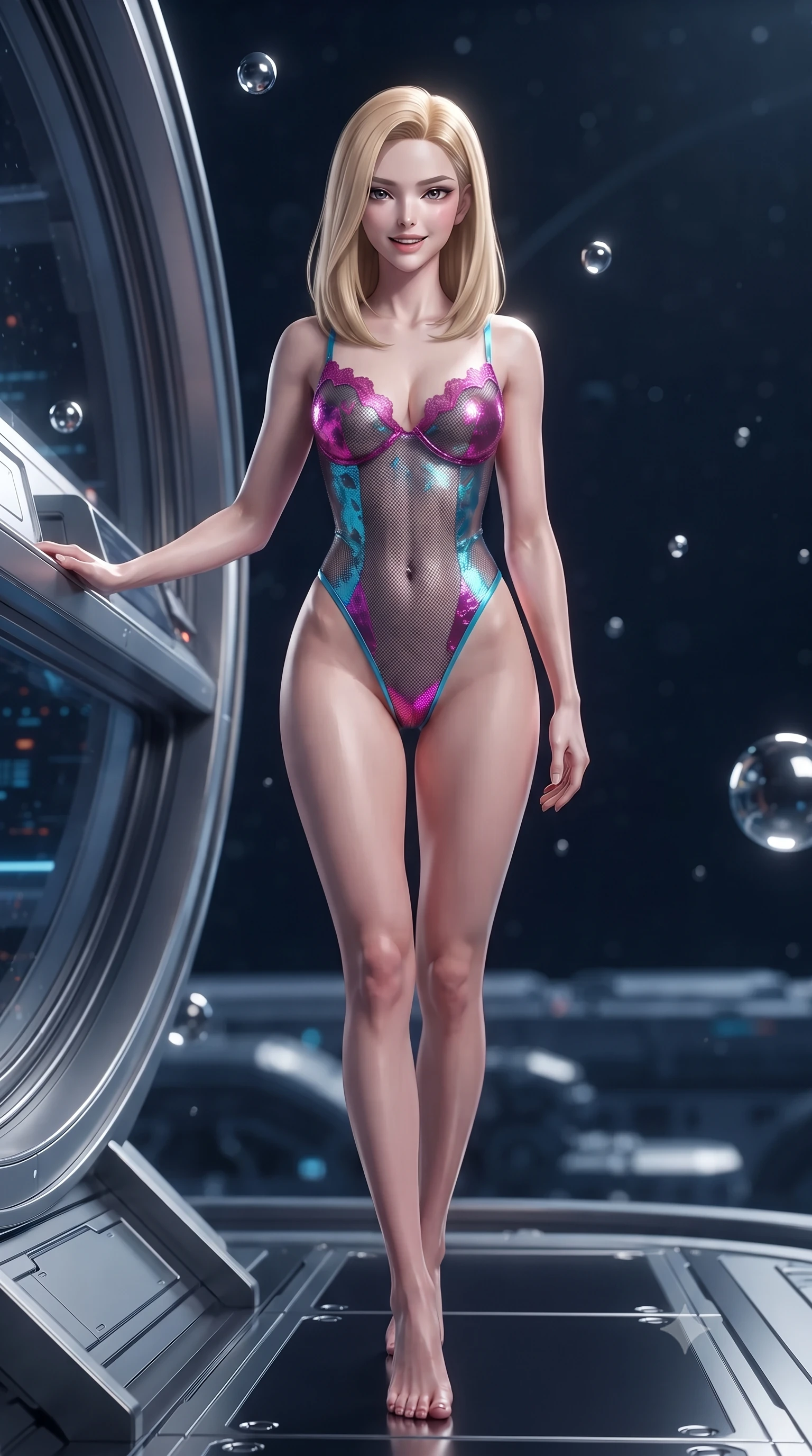 score_9, masterpiece, best quality, ultra-detailed, high-budget anime keyframe, editorial fashion photography, tasteful artistic composition, Korean woman. low angle full-body shot from head to toe showing her feet, filling the entire 9:16 vertical frame with her statuesque presence, stretching her vertical silhouette. stepping slowly toward the camera with hypnotic grace, hips swaying in an alluring sensual rhythm that accentuates her curvy hourglass silhouette and long slender legs while leaning against the curved titanium observation sill with hips cocked back, watching floating zero-gravity liquid mercury spheres with smoldering bedroom-eyes. The background shows a soft-focus ambient atmospheric particulate glow softened in deep-space Dyson structure shallow focus. She has an exceptionally tall and slender model-like 8.5-heads proportion, an ultra-slim waist, a flat toned midriff, narrow delicate ribcage, and beautifully sculpted feminine hips creating a graceful, slim hourglass silhouette without any bulky heaviness, with impossibly long slender legs. sharp v-shaped jawline, high-bridge nose, intricate jewel-like sparkling eyes with depth, thick eyelashes, glossy parted lips with a natural peach sheen, bright cheerful beaming smile with an enchanting and coquettish sensual glint, exuding both youthful cute charm and seductive allure, flawlessly proportioned anatomical accuracy, strict slender model proportions, natural body alignment, perfectly sculpted long slender limbs, ultra-slim waistline, clean dynamic posture without body distortion. wearing a provocative sheer-illusion cyber-mesh bodysuit with strategic metallic foil flocking and high-cut leg openings in Neo-Tokyo neon magenta and electric cyan, crafted from bespoke double-faced cashmere with an exceptionally soft tactile finish, finished with scalloped eyelash lace trim framing her sweetheart neckline with intimate elegance, the liquid-tight tailored fabric clinging flawlessly to her narrow waist and rounded feminine hips, emphasizing every millimeter of her sculpted slim hourglass curves without any bulky heaviness. illuminated by floor panel reflection bounce and intense solar-gold rim lights defining her razor-sharp jawline, narrow waist, and curvy hips. ultra-reflective glossy finish, specular highlights, rich textural contrasts, high-contrast stereoscopic depth, volumetric dynamic lighting, 2k, ultra detail, master piece, 9:16 ratio