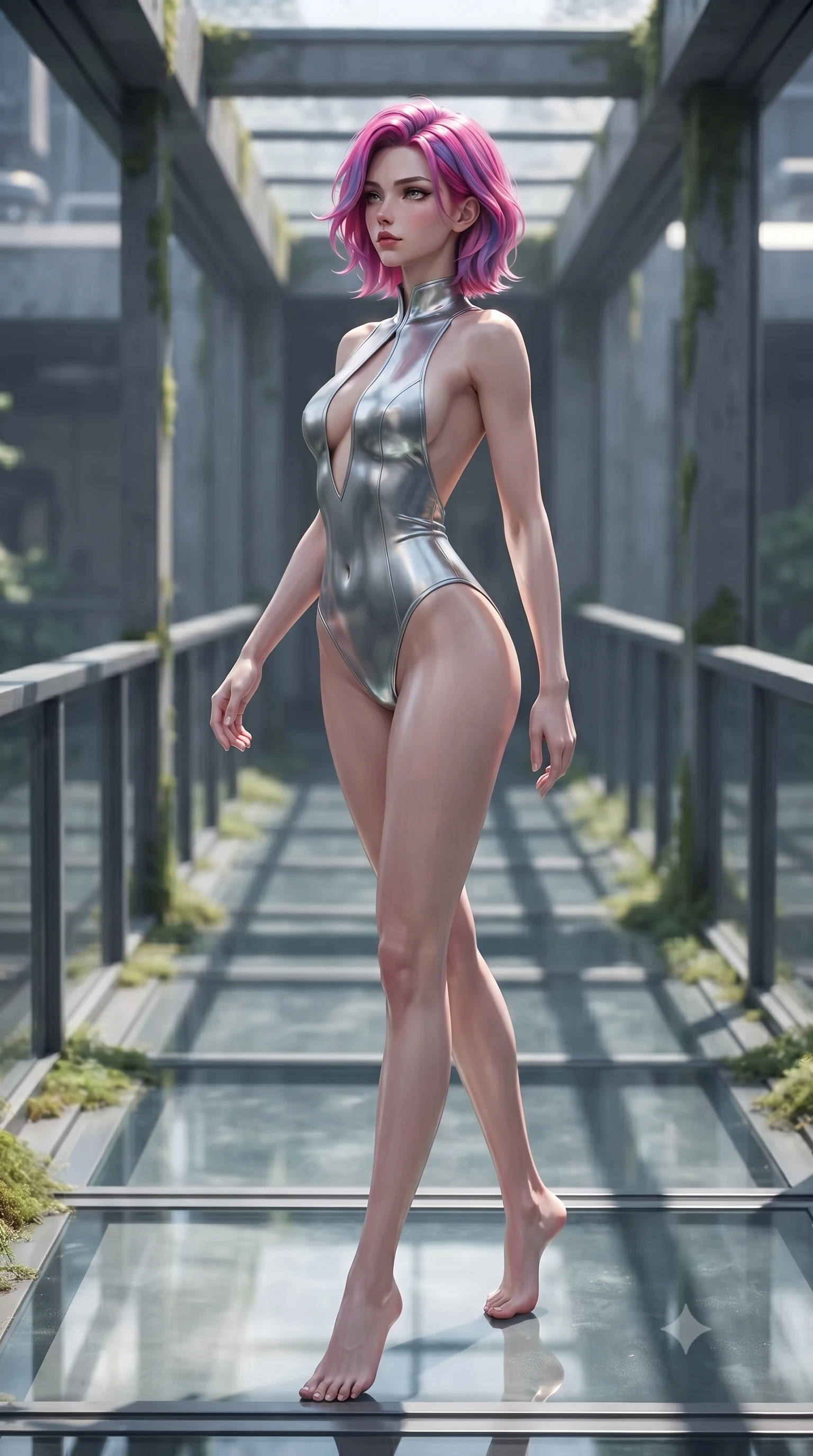 score_9, masterpiece, best quality, ultra-detailed, high-budget anime keyframe, editorial fashion photography, tasteful artistic composition, Caucasian woman. low angle full-body shot from head to toe showing her feet, filling the entire 9:16 vertical frame with her statuesque presence, stretching her vertical silhouette. walking slowly along a glass skybridge, looking back over her shoulder with an air of effortless grace, the background shows a soft-focus a starship pilot academy courtyard surrounded by cold iron walls and moss. She has an absolutely perfect, statuesque 8.5-heads proportion, an exceptionally tall and slender model-like female figure with impossibly long slender legs and an ultra-slim waist. sharp v-shaped jawline, high-bridge nose, intricate jewel-like eyes with depth, thick eyelashes, glossy lips with a natural sheen. wearing a slim-fit backless combat bodysuit in metallic silver, featuring a plunging keyhole cutout and low-cut back. crisp morning sunlight casting sharp, clean grid shadows across the courtyard. ultra-reflective glossy finish, specular highlights, metallic sheen, high-contrast stereoscopic depth, volumetric dynamic lighting, 2k, ultra detail, master piece, 9:16 ratio