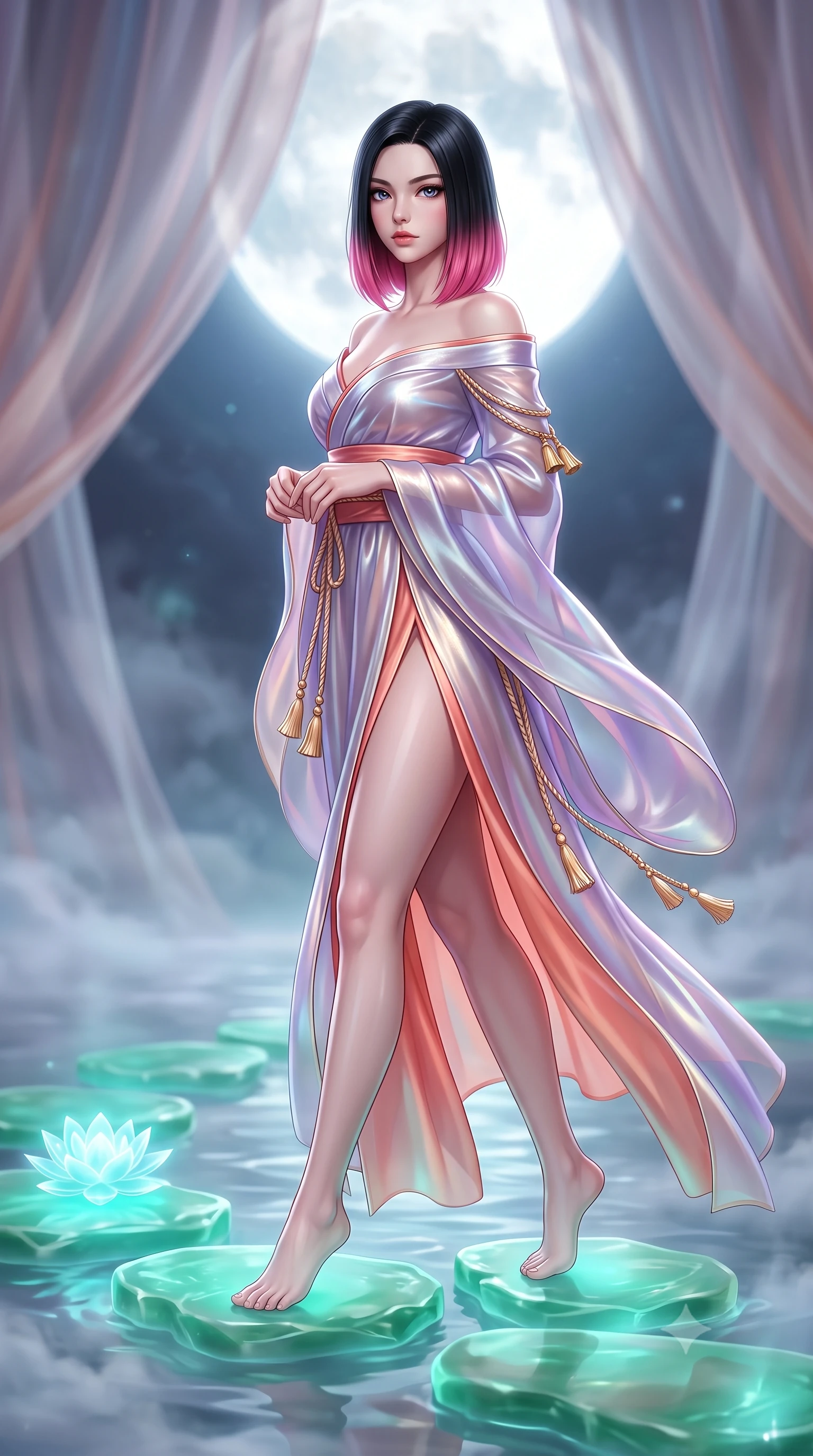 score_9, masterpiece, best quality, ultra-detailed, high-budget anime keyframe, semi-realistic 3D game render, editorial fashion photography, tasteful artistic composition, Korean woman. close-up cowboy shot from the waist and thighs up, the character dominates the composition, filling the frame with her large presence. holding her hands loosely in front with regal, aristocratic poise, radiating an overwhelming high-society aura while striding across floating jade stepping stones with ethereal, weightless grace and divine celestial poise. The composition keeps background elements in soft focus with creamy bokeh. billowing silk pavilion drapes and water mist layers softened in dreamy atmospheric depth of field. She has an exceptionally elegant, slender, and willowy female figure with an ultra-slim waist, a gracefully sculpted slender torso, toned flat midriff, and a refined slim silhouette. sharp v-shaped jawline, high-bridge nose, intricate jewel-like eyes with depth, thick eyelashes, glossy lips with a natural sheen, captivating and magnetic expression, flawlessly proportioned anatomical accuracy, strict slender model proportions, natural body alignment, perfectly sculpted long slender limbs, ultra-slim waistline, clean dynamic posture without body distortion. wearing an off-shoulder celestial kimono gown with fluttering silk drapes and a high side slit in sunrise coral and champagne gold, made of semi-translucent iridescent organza shifting between silver and violet, accessorized with delicate gold bell tassels and braided silk cords, the sleek tailored cut tightly hugging her graceful clavicle, narrow waist, and feminine curves with statuesque precision. bathed in radiant silver-white full moon backlighting and soft cyan holographic lotus glow. highly saturated vibrant anime colors, detailed shading with soft gradients, rich glossy textures, high-contrast stereoscopic depth, volumetric dynamic lighting, master piece, 9:16 ratio