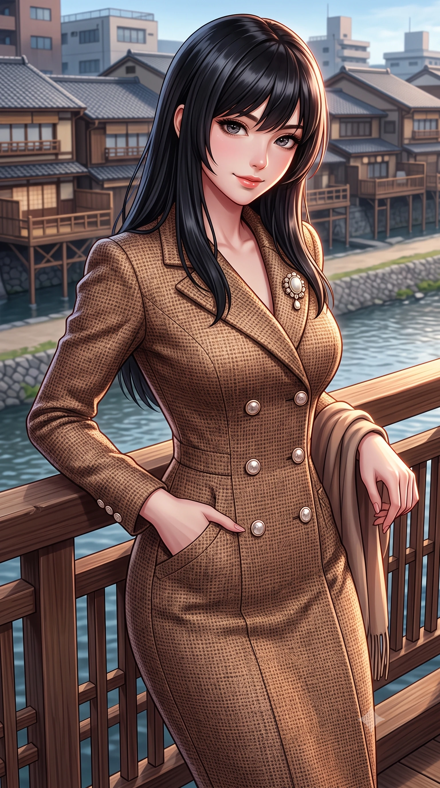 score_9, masterpiece, best quality, ultra-detailed, high-budget anime keyframe, semi-realistic 3D game render, editorial fashion photography, tasteful artistic composition, Caucasian woman. close-up cowboy shot from the waist and thighs up, the character dominates the composition, filling the frame with her large presence. standing poised with one hand slipped into her tailored trouser pocket, head tilted in a friendly, engaging expression while leaning gently against the cedar lattice railing of the historic machiya balcony, one hand holding her scarf against the crisp evening breeze. The surrounding environment is rendered in vivid detail and crisp panoramic clarity: detailed double-breasted wool gabardine trench coat drape, horn buttons, and historic Japanese urban architecture in high resolution. She has an exceptionally elegant, slender, and willowy female figure with an ultra-slim waist, flat toned midriff, narrow ribcage, and sculpted feminine hips creating an alluring, slim hourglass silhouette without bulk. sharp v-shaped jawline, high-bridge nose, intricate jewel-like sparkling eyes with depth, thick eyelashes, glossy parted lips with a natural peach sheen, bright cheerful beaming smile with an enchanting and coquettish sensual glint, exuding both youthful cute charm and seductive allure, flawlessly proportioned anatomical accuracy, strict slender model proportions, natural body alignment, perfectly sculpted long slender limbs, ultra-slim waistline, clean dynamic posture without body distortion. wearing a structured double-breasted tweed dress with notched lapels, long sleeves, and decorative mother-of-pearl buttons in Saint-Germain camel wool and warm espresso, woven from fine Australian merino wool with a smooth fluid drape and subtle sheen, complemented by an antique baroque pearl brooch pinned tastefully on the lapel, the sharp shoulder tailoring and gently nipped waist framing her slender torso with pristine sartorial perfection. illuminated by river water specular reflection bounce and sharp copper-rose rim lights sculpting her jawline, narrow waist, and graceful model proportions. highly saturated vibrant anime colors, detailed shading with soft gradients, rich glossy textures, high-contrast stereoscopic depth, volumetric dynamic lighting, master piece, 9:16 ratio