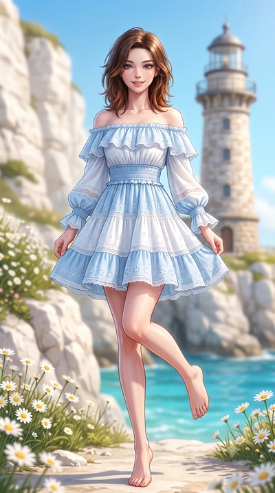score_9, masterpiece, best quality, ultra-detailed, high-budget anime keyframe, semi-realistic 3D game render, editorial fashion photography, tasteful artistic composition, Korean woman. low angle full-body shot from head to toe showing her feet, fil