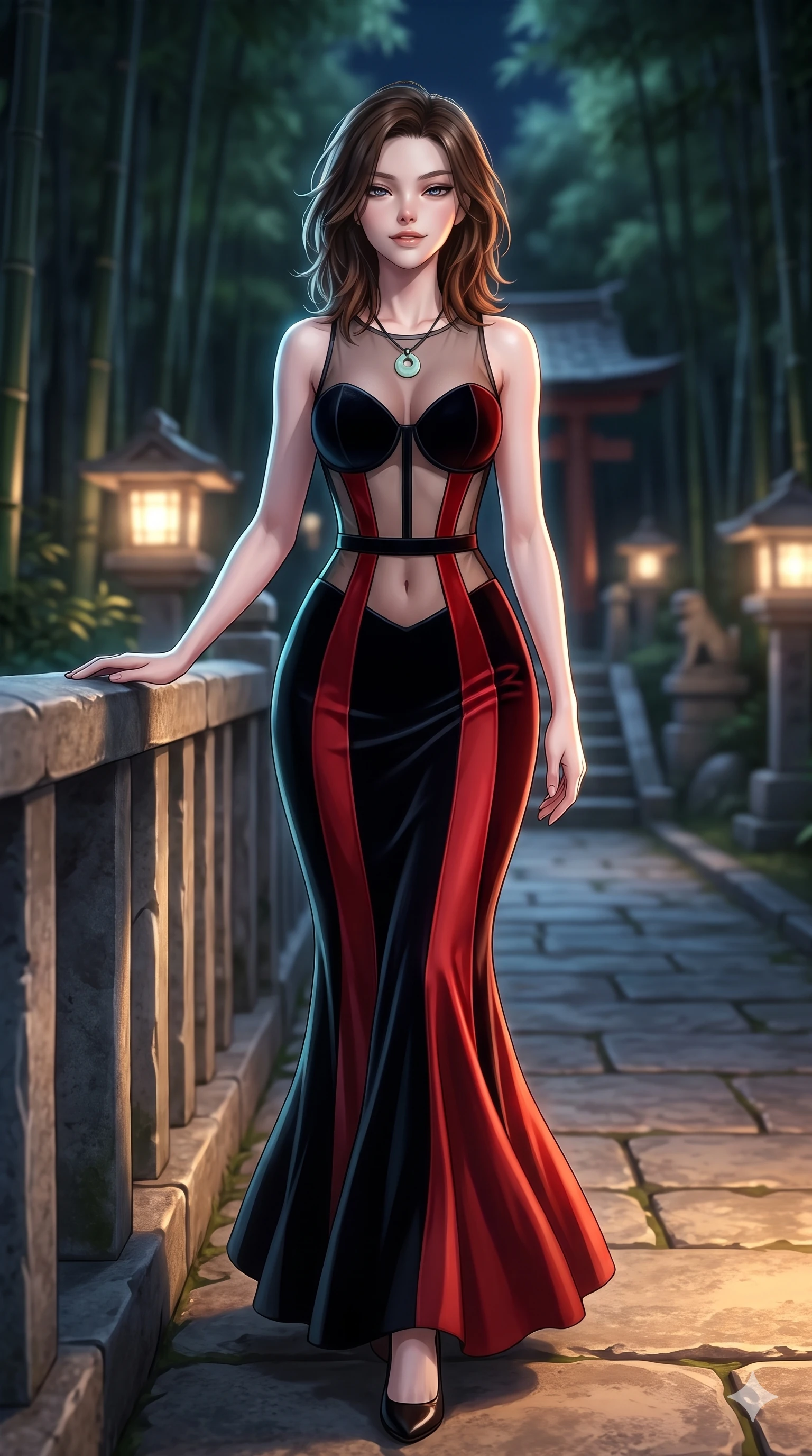 score_9, masterpiece, best quality, ultra-detailed, high-budget anime keyframe, semi-realistic 3D game render, editorial fashion photography, tasteful artistic composition, Korean woman. close-up cowboy shot from the waist and thighs up, the character dominates the composition, filling the frame with her large presence. leaning back against the balustrade with relaxed seductive grace, head tilted back slightly while casting a hypnotic, heavy-lidded gaze while stepping forward along the stone path with hypnotic grace, hips swaying in an alluring sensual rhythm that accentuates her curvy silhouette. The background shows a soft-focus mystical bamboo forest shrine softened in atmospheric nocturnal shallow focus. She has an exceptionally elegant, slender, and willowy female figure with an ultra-slim waist, flat toned midriff, narrow ribcage, and sculpted feminine hips creating an alluring, slim hourglass silhouette without bulk. sharp v-shaped jawline, high-bridge nose, sparkling eyes with hypnotic seductive depth, thick curled eyelashes, glossy parted lips with a natural dewy peach sheen, alluring bedroom-eyes with an enchanting coquettish smile, exuding magnetic siren charisma and sophisticated glamour, flawlessly proportioned anatomical accuracy, strict slender model proportions, natural body alignment, perfectly sculpted long slender limbs, ultra-slim waistline, clean dynamic posture without body distortion. wearing a sheer-illusion mesh corset gown with strategic opaque velvet hanbok panels framing her waist and hips in midnight obsidian black and rich cinnabar red, tailored from heavy double-faced silk faille with an exceptionally fluid drape, finished with a minimalist celadon porcelain pendant on a fine silk cord, the glove-like clinging cut tightly following the natural contour of her hips and long slender legs with youthful 8.5-heads elegance. illuminated by ground stone bounce and sharp silver-jade rim lights sculpting her razor-sharp jawline, narrow waist, and curvy hips. highly saturated vibrant anime colors, detailed shading with soft gradients, rich glossy textures, high-contrast stereoscopic depth, volumetric dynamic lighting, master piece, 9:16 ratio