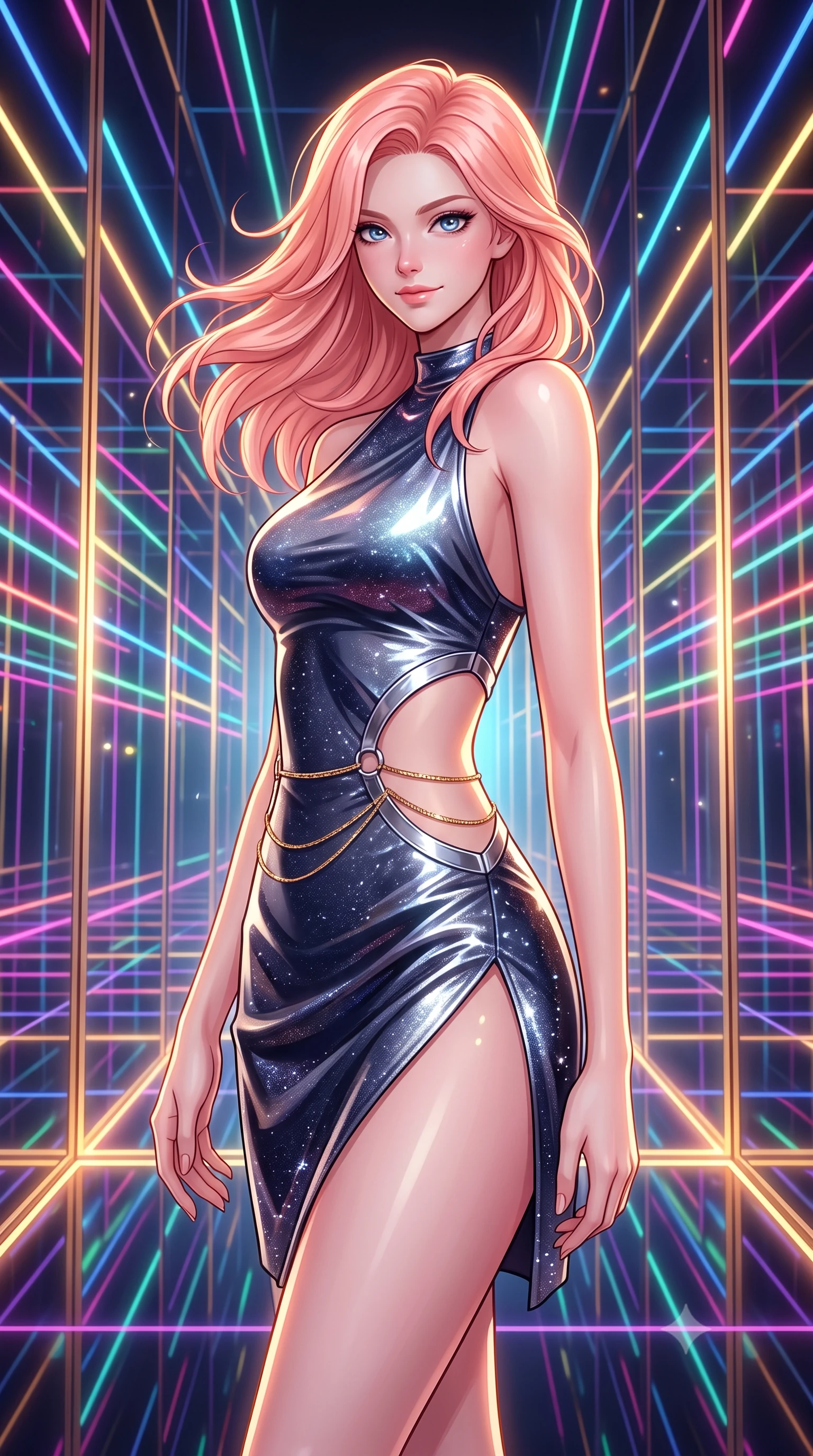 score_9, masterpiece, best quality, ultra-detailed, high-budget anime keyframe, semi-realistic 3D game render, editorial fashion photography, tasteful artistic composition, Japanese woman. close-up cowboy shot from the waist and thighs up, the character dominates the composition, filling the frame with her large presence. turning slowly with an enchanting smoldering smile, her glossy hair tossing in the breeze as her hips angle gracefully in a captivating contrapposto while standing poised in the infinite smart-mirror gallery reflecting endless recursive laser corridors, arching her spine with breathtaking anime heroine allure. The surrounding environment is rendered in vivid detail and crisp panoramic clarity: detailed anime styling, glossy highlights, and royal cybernetic palace craft in high resolution. She has an exceptionally elegant, slender, and willowy female figure with an ultra-slim waist, flat toned midriff, narrow ribcage, and sculpted feminine hips creating an alluring, slim hourglass silhouette without bulk. sharp v-shaped jawline, high-bridge nose, intricate jewel-like sparkling eyes with depth, thick eyelashes, glossy parted lips with a natural peach sheen, bright cheerful beaming smile with an enchanting and coquettish sensual glint, exuding both youthful cute charm and seductive allure, flawlessly proportioned anatomical accuracy, strict slender model proportions, natural body alignment, perfectly sculpted long slender limbs, ultra-slim waistline, clean dynamic posture without body distortion. wearing a provocative open-waist cutout mini dress framed by polished chrome hardware and thigh-high slit in liquid mercury chrome and deep midnight obsidian, woven from stretch metallic lurex jersey casting radiant starlight glints across her curves, accented with a dainty gold belly chain resting across her flat midriff and curving hips, the impeccably tailored cut draping gracefully along her slender figure with aristocratic poise. illuminated by mirror reflection bounce and sharp sunburst-gold rim lights defining her jawline, narrow waist, and curvy hips. highly saturated vibrant anime colors, detailed shading with soft gradients, rich glossy textures, high-contrast stereoscopic depth, volumetric dynamic lighting, master piece, 9:16 ratio