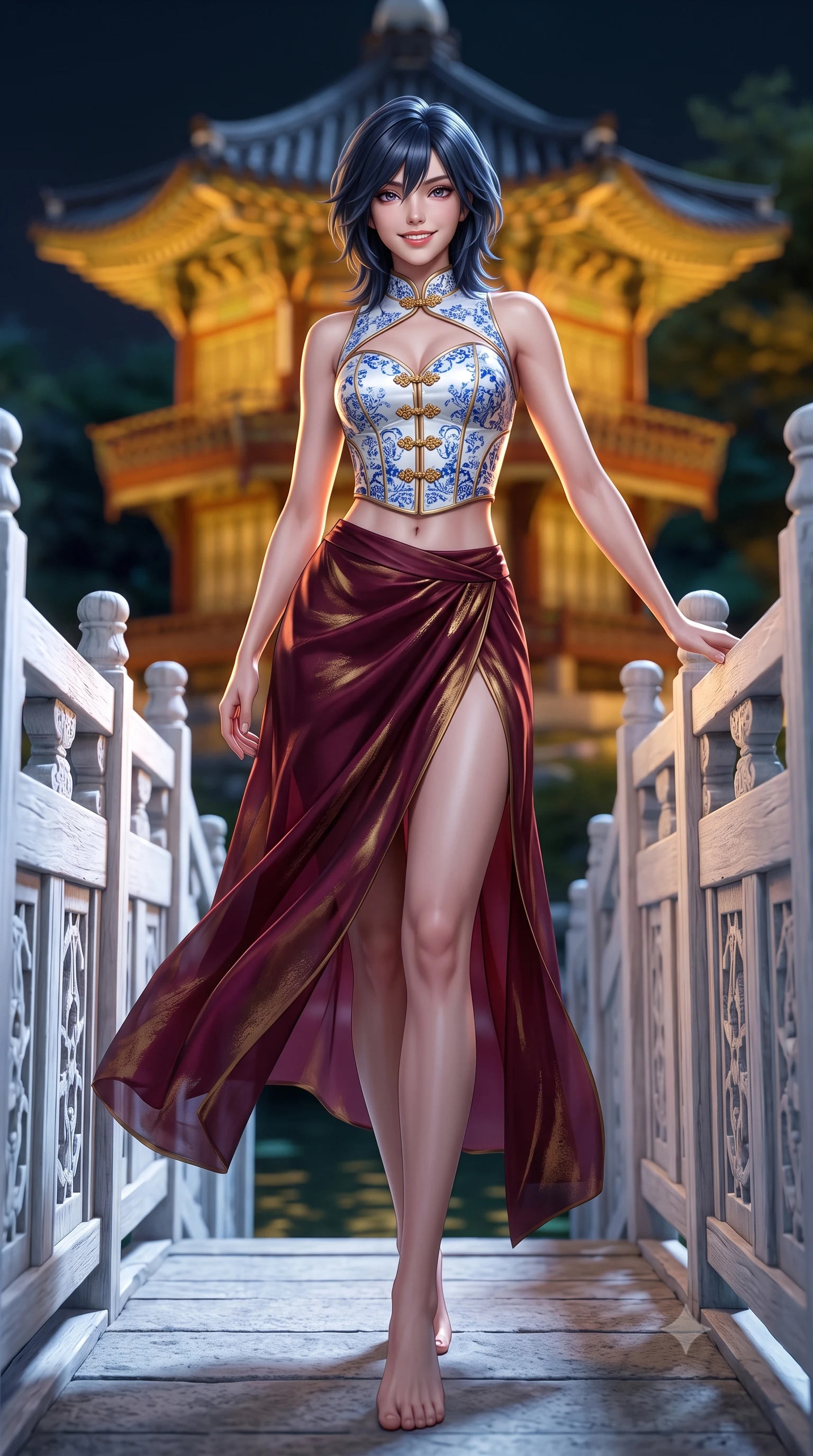 score_9, masterpiece, best quality, ultra-detailed, high-budget anime keyframe, semi-realistic 3D game render, editorial fashion photography, tasteful artistic composition, Caucasian woman. low angle full-body shot from head to toe showing her feet, filling the entire 9:16 vertical frame with her statuesque presence, stretching her vertical silhouette. stepping forward gracefully across the stone bridge in mid-motion with a radiant beaming smile, hips swaying in an alluring kinetic rhythm that accentuates her curvy hourglass silhouette and long slender legs while leaning against the carved white wooden bridge railing with hips cocked back, looking over her shoulder with an alluring, moonlit smile. The background shows a soft-focus the two-story hexagonal Hyangwonjeong pavilion illuminated in warm gold across still pond waters blurred into gold, jade, and dark obsidian bokeh. She has an absolutely perfect, statuesque 8.5-heads proportion, an exceptionally tall and slender model-like female figure with impossibly long slender legs, an ultra-slim waist, a flat toned midriff, narrow delicate ribcage, and beautifully sculpted feminine hips creating a graceful, slim hourglass silhouette without any bulky heaviness. sharp v-shaped jawline, high-bridge nose, intricate jewel-like dark sparkling almond eyes with depth, thick lashes, glossy parted lips with a natural rose-plum sheen, bright alluring and coquettish smile with bedroom-eyes, exuding both timeless oriental elegance and sovereign high-fashion allure, flawlessly proportioned anatomical accuracy, strict slender model proportions, natural body alignment, perfectly sculpted long slender limbs, ultra-slim waistline, clean dynamic posture without body distortion. wearing a tailored white porcelain-inspired structured corset top paired with an asymmetric flowing silk maxi skirt with a high slit in deep wine burgundy and brushed antique gold, tailored from sheer gossamer silk organza with an airy weightless flutter, accented with intricate gold frog buttons and a delicate mandarin collar, the high-waisted wrap tailoring accentuating her ultra-slim waistline and the enchanting curve of her feminine hips with alluring oriental charm. illuminated by full moon celestial rays and sharp warm-gold rim lights defining her sculpted collarbones, ultra-slim waist, and curvy hips. highly saturated vibrant anime colors, detailed shading with soft gradients, rich glossy textures, high-contrast stereoscopic depth, volumetric dynamic lighting, master piece, 9:16 ratio