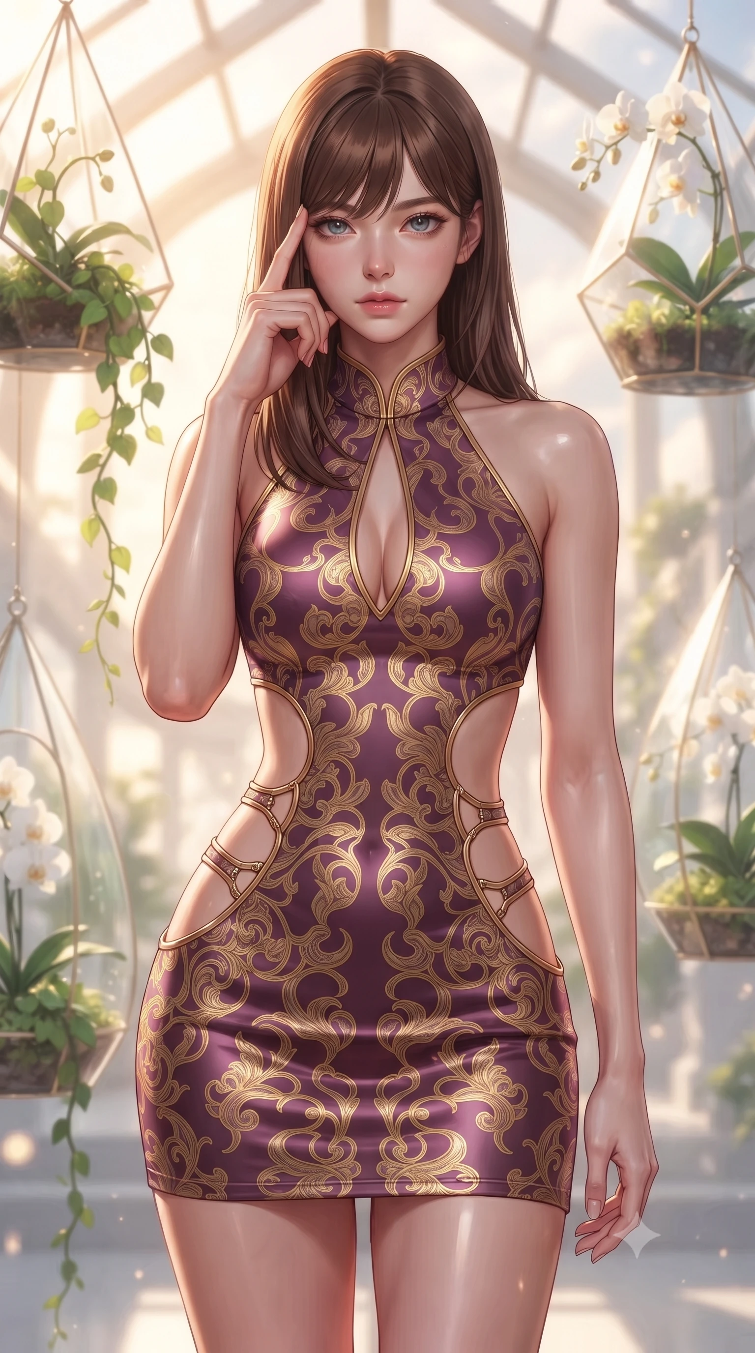 score_9, masterpiece, best quality, ultra-detailed, high-budget anime keyframe, editorial fashion photography, tasteful artistic composition, Korean woman. close-up cowboy shot from the waist and thighs up, the character dominates the composition, filling the frame with her large presence, background elements kept in soft focus. Pressing two fingers to her temple in a composed thoughtful gesture with an air of magnetic charisma surrounded by floating glass terrariums and radiant biomorphic vines, lush green vines and white orchids framing the bright architectural backdrop. She has an exceptionally elegant, slender, and willowy female figure with an ultra-slim waist, a gracefully sculpted slender torso, and a refined silhouette. sharp v-shaped jawline, high-bridge nose, intricate jewel-like eyes with depth, thick eyelashes, glossy lips with a natural sheen. wearing a dramatic open-waist cutout mini dress framed by sculptural hardware in plum purple and gold filigree, crafted from smooth liquid silk, accented with a Tasteful chest slit framing her clavicle gracefully, the form-contouring material highlighting her ultra-slim waist and long lines. lit by warm golden-hour rays cascading through crystalline glass panes. ultra-reflective glossy finish, specular highlights, metallic sheen, high-contrast stereoscopic depth, volumetric dynamic lighting, 2k, ultra detail, master piece, 9:16 ratio