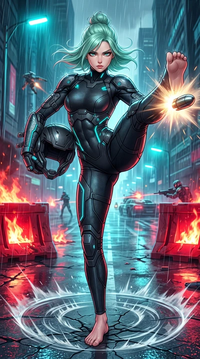 score_9, masterpiece, best quality, ultra-detailed, high-budget anime keyframe, semi-realistic 3D game render, editorial fashion photography, tasteful artistic composition, Japanese woman. low angle full-body shot from head to toe showing her feet, f