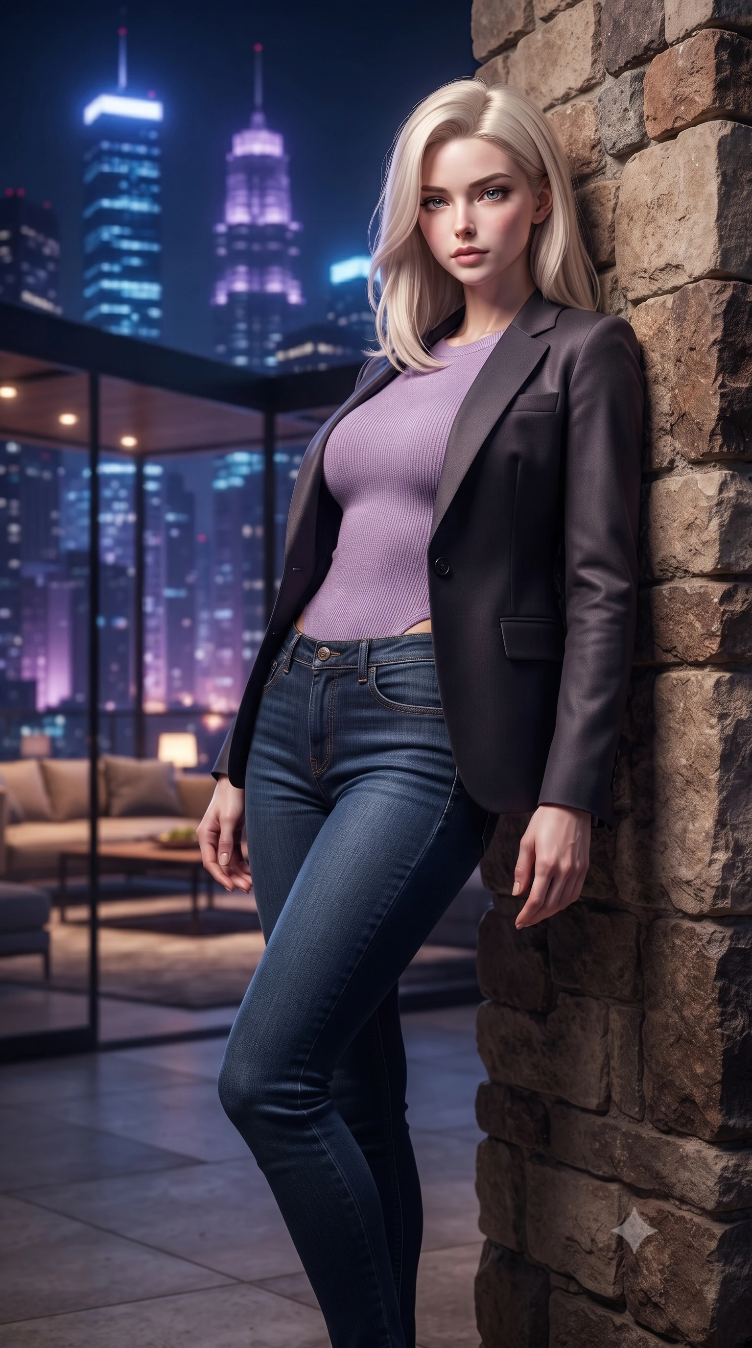 score_9, masterpiece, best quality, ultra-detailed, high-budget anime keyframe, editorial fashion photography, tasteful artistic composition, Caucasian woman. low angle full-body shot from head to toe showing her feet, filling the entire 9:16 vertical frame with her statuesque presence, stretching her vertical silhouette. leaning back against a rustic stone wall, casting a slow, alluring gaze at the camera the background shows a soft-focus a modern rooftop helicopter lounge with glass walls overlooking skyscrapers. She has an absolutely perfect, statuesque 8.5-heads proportion, an exceptionally tall and slender model-like female figure with impossibly long slender legs and an ultra-slim waist. sharp v-shaped jawline, high-bridge nose, intricate jewel-like eyes with depth, thick eyelashes, glossy lips with a natural sheen. wearing a tailored tight-fitting lavender knit bodysuit worn under a tailored open blazer and jeans. glittering blue and violet city skyline lights contrasting with warm room lights. ultra-reflective glossy finish, specular highlights, metallic sheen, high-contrast stereoscopic depth, volumetric dynamic lighting, 2k, ultra detail, master piece, 9:16 ratio