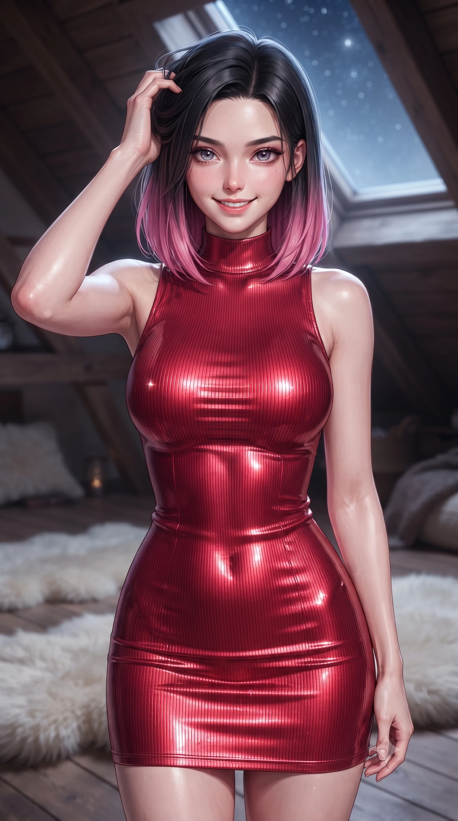 score_9, masterpiece, best quality, ultra-detailed, high-budget anime keyframe, editorial fashion photography, tasteful artistic composition, Korean woman woman. close-up cowboy shot from the waist and thighs up, the character dominates the composition, filling the frame with her large presence, background elements kept in soft focus. smiling with quiet, magnetic self-assurance directly into the camera, running a hand through her hair the background shows a soft-focus a quiet attic loft with exposed wooden beams, soft sheepskin rugs, and a large skylight showing stars. She has an exceptionally elegant, slender, and willowy female figure with an ultra-slim waist, a gracefully sculpted slender torso, and a refined silhouette. sharp v-shaped jawline, high-bridge nose, intricate jewel-like eyes with depth, thick eyelashes, glossy lips with a natural sheen. wearing a body-hugging body-hugging ribbed bodycon dress in crimson red, detailed with a tight mock-neck. soft silver moonlight wrapping her silhouette in a cool cosmic glow. ultra-reflective glossy finish, specular highlights, metallic sheen, high-contrast stereoscopic depth, volumetric dynamic lighting, 2k, ultra detail, master piece, 9:16 ratio