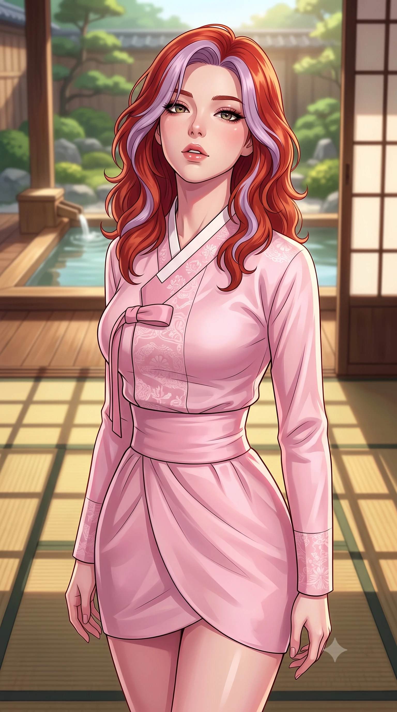 score_9, masterpiece, best quality, ultra-detailed, high-budget anime keyframe, tasteful artistic composition, Caucasian woman. close-up cowboy shot from the waist and thighs up, the character dominates the composition, filling the frame with her large presence, background elements kept in soft focus. tilting her chin up slightly with lips parted in a composed, provocative expression the background shows a soft-focus a ryokan stream hot spring cypress wood bath facing a moss garden. She has an exceptionally elegant, slender, and willowy female figure with an ultra-slim waist, a gracefully sculpted slender torso, and a refined silhouette. sharp v-shaped jawline, high-bridge nose, intricate jewel-like eyes with depth, thick eyelashes, glossy lips with a natural sheen. wearing a form-contouring modern fusion hanbok jeogori in light pink silk, paired with a high-waisted wrap skirt. soft late afternoon sunrays casting long wooden grid shadows on the tatami. highly saturated vibrant anime colors, cel-shading, 2d style, master piece, 9:16 ratio