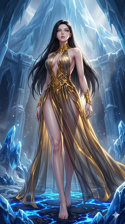 score_9, masterpiece, best quality, ultra-detailed, high-budget anime keyframe, Korean woman. low angle full-body shot filling the entire 9:16 frame with her statuesque presence, stretching the vertical silhouette. forging in a prismatic ice-volcano 