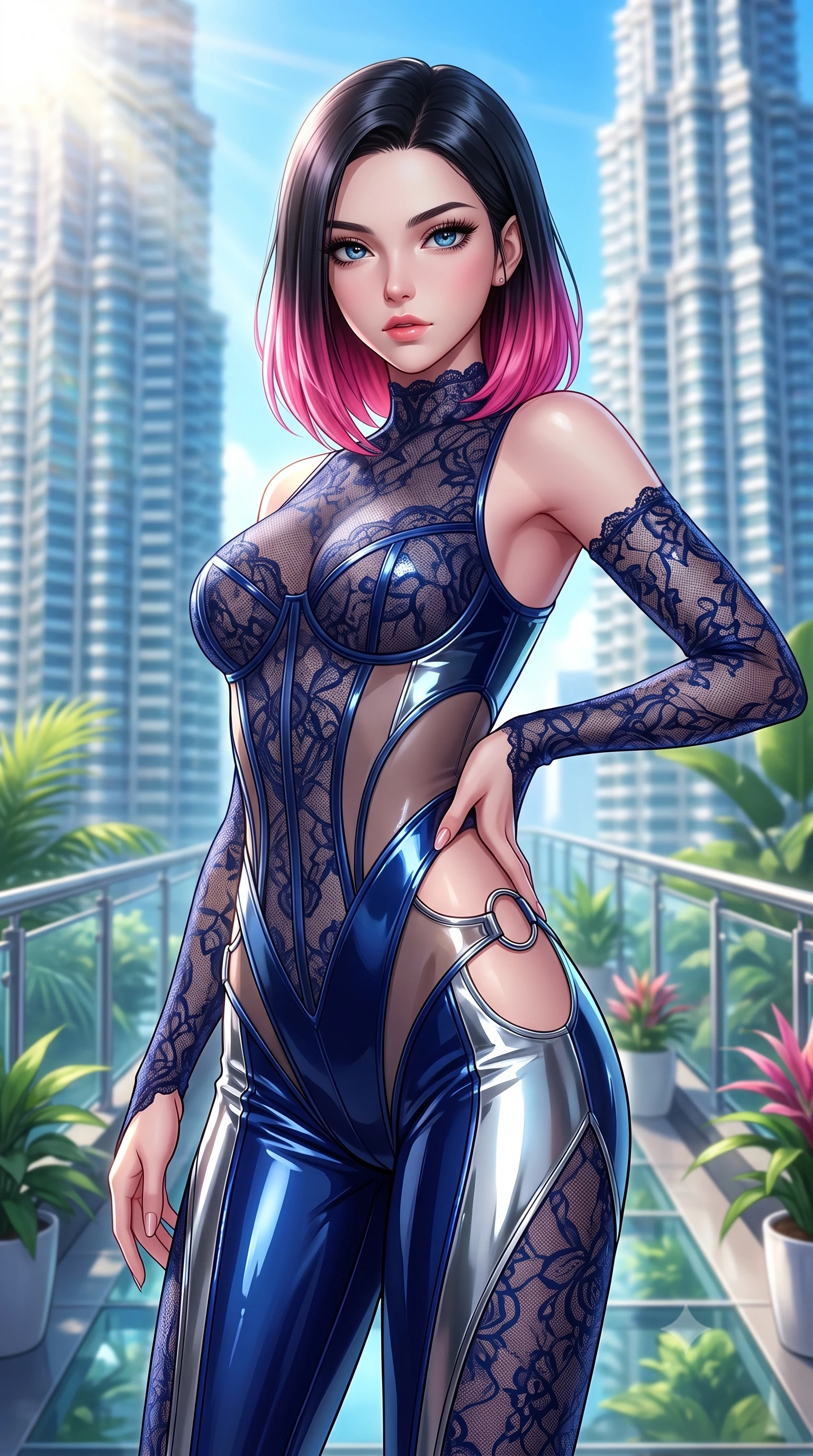 score_9, masterpiece, best quality, ultra-detailed, high-budget anime keyframe, semi-realistic 3D game render, editorial fashion photography, tasteful artistic composition, Korean woman. close-up cowboy shot from the waist and thighs up, the character dominates the composition, filling the frame with her large presence. twisting her upper body in a dynamic S-curve with an alluring smolder, one hand trailing along her slender waist while stepping along a verdant sky-garden walkway suspended between twin gleaming architectural towers. The composition keeps background elements in soft focus with creamy bokeh. brilliant high-altitude sunrays scattering radiant light across a dreamy blue backdrop. She has an exceptionally elegant, slender, and willowy female figure with an ultra-slim waist, a gracefully sculpted slender torso, toned flat midriff, and a refined slim silhouette. sharp v-shaped jawline, high-bridge nose, intricate jewel-like eyes with depth, thick eyelashes, glossy lips with a natural sheen, flawlessly proportioned anatomical accuracy, strict slender model proportions, natural body alignment, perfectly sculpted long slender limbs, ultra-slim waistline, clean dynamic posture without body distortion. wearing a sheer dark lace pattern bodysuit with structured corsetry boning, sheer contouring side panels, and detached lace sleeves in deep royal navy blue and specular chrome, formed from high-gloss patent material with specular light reflections, detailed with polished silver rings connecting the daring side-waist cutouts, the form-contouring material adhering flawlessly to her sculpted flat midriff and slender torso, emphasizing her long leg lines and perfectly proportioned willowy build. bathed in brilliant high-noon sunbursts and rich sky-blue ambient bounce light. highly saturated vibrant anime colors, detailed shading with soft gradients, rich glossy textures, high-contrast stereoscopic depth, volumetric dynamic lighting, master piece, 9:16 ratio