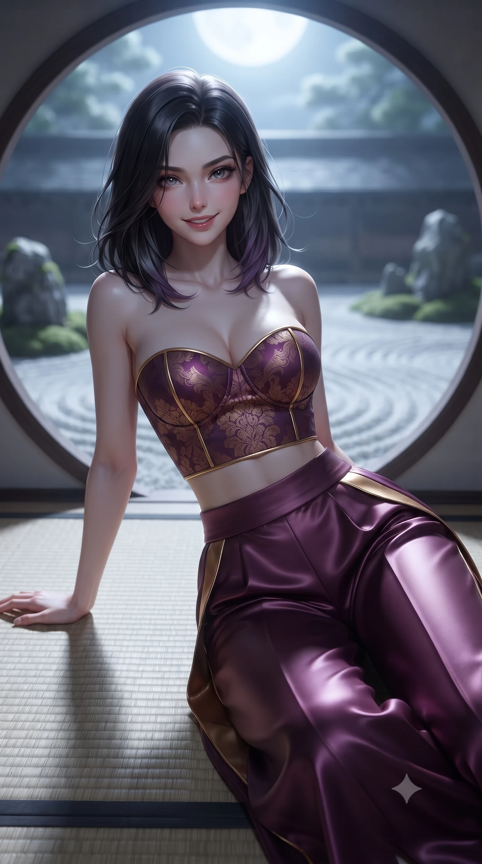 score_9, masterpiece, best quality, ultra-detailed, high-budget anime keyframe, editorial fashion photography, tasteful artistic composition, Caucasian woman. close-up cowboy shot from the waist and thighs up, the character dominates the composition, filling the frame with her large presence. turning slowly with a smoldering smile, her glossy dark hair tossing in the evening breeze as her hips angle gracefully in a captivating contrapposto while lounging languidly across a tatami mat propped on one elbow, her flat midriff and long slender limbs glowing in pure white moonlight. The background shows a soft-focus carefully raked white gravel wave patterns and moss-covered rock arrangements blurred into silver white, moss green, and slate bokeh. She has an exceptionally elegant, slender, and willowy female figure with an ultra-slim waist, flat toned midriff, narrow ribcage, and sculpted feminine hips creating an alluring, slim hourglass silhouette without bulk. sharp v-shaped jawline, high-bridge nose, intricate jewel-like dark sparkling almond eyes with depth, thick lashes, glossy parted lips with a natural rose-plum sheen, bright alluring and coquettish smile with bedroom-eyes, exuding both timeless oriental elegance and sovereign high-fashion allure, flawlessly proportioned anatomical accuracy, strict slender model proportions, natural body alignment, perfectly sculpted long slender limbs, ultra-slim waistline, clean dynamic posture without body distortion. wearing a strapless structured silk brocade bustier top paired with flowing wide-leg satin palazzo trousers cinched at the waist in rich plum violet and gilded bronze embroidery, made of supple second-skin stretch silk jersey clinging flawlessly to her form, finished with sharp laser-cut side hip slits framed by gold piping, the form-fitting tailored bodice adhering flawlessly to her sculpted flat midriff and slender torso, emphasizing her long leg lines and perfectly proportioned willowy build. bathed in pristine silver moonlight pouring through the circular moon-gate aperture. ultra-reflective glossy finish, specular highlights, rich textural contrasts, high-contrast stereoscopic depth, volumetric dynamic lighting, 2k, ultra detail, master piece, 9:16 ratio