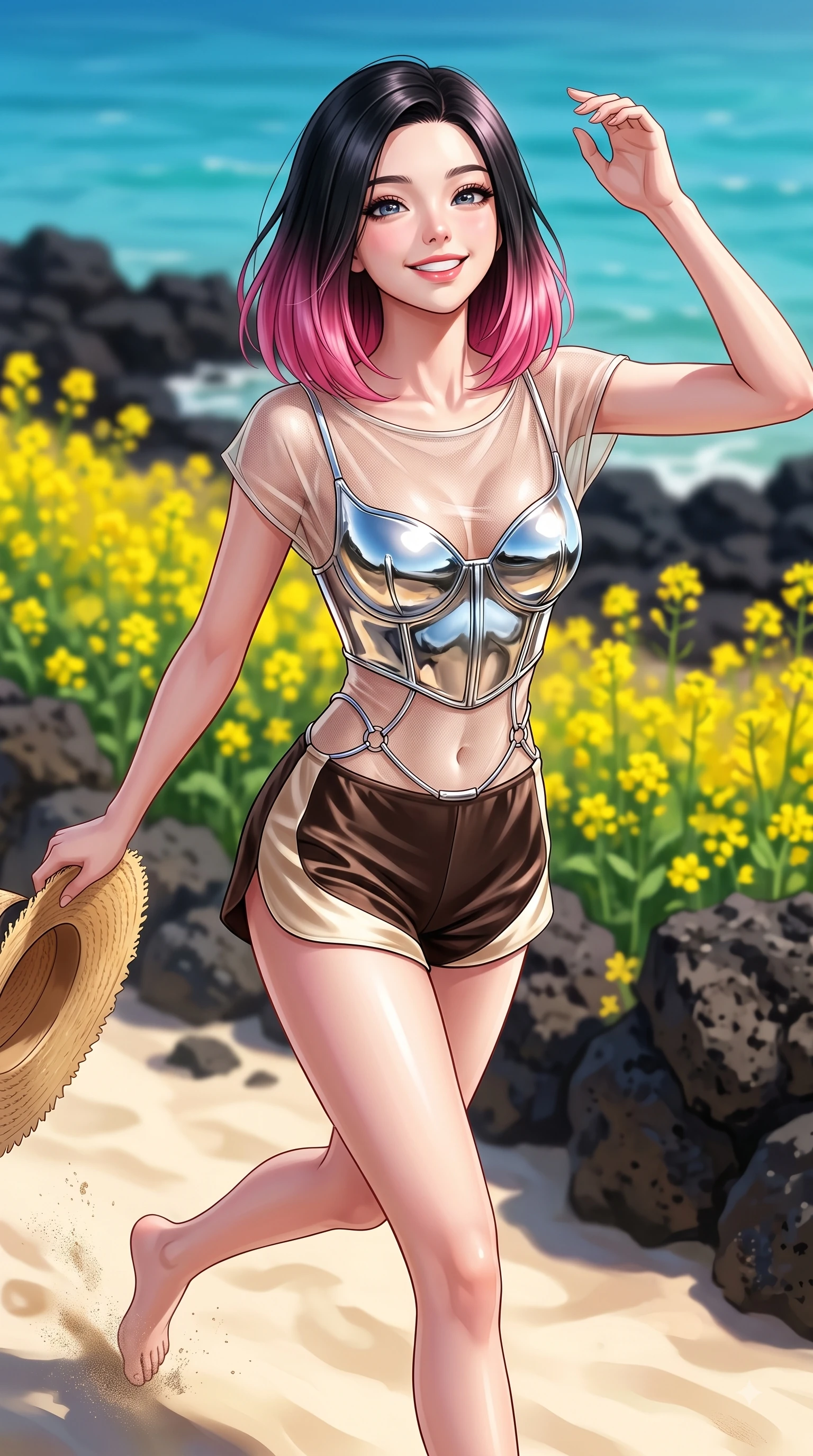score_9, masterpiece, best quality, ultra-detailed, high-budget anime keyframe, editorial fashion photography, tasteful artistic composition, Korean woman. close-up cowboy shot from the waist and thighs up, the character dominates the composition, filling the frame with her large presence, background elements kept in soft focus. Tilting her chin up with a sweet beaming smile of pure delight while balancing dynamically amidst the scene while running playfully along an emerald sea beach with a straw sunhat held lightly in one hand, blooming yellow canola flowers and dark volcanic basalt rocks contrasting with azure sea. She has an exceptionally elegant, slender, and willowy female figure with an ultra-slim waist, a gracefully sculpted slender torso, and a refined silhouette. sharp v-shaped jawline, high-bridge nose, intricate jewel-like eyes with depth, thick eyelashes, glossy lips with a natural sheen, flawlessly proportioned anatomical accuracy, natural body alignment, perfectly sculpted elegant limbs, clean dynamic posture without body distortion. wearing a chrome-plated structured bodice worn over a sheer mesh top and micro-shorts in espresso brown and warm cream, crafted from smooth liquid silk, accented with delicate chrome ring hardware framing her waist, the elegant draped fit framing her graceful clavicle and slender torso. surrounded by a fresh, sun-drenched, and relaxing vacation atmosphere. highly saturated vibrant anime colors, detailed shading with soft gradients, rich glossy textures, high-contrast stereoscopic depth, volumetric dynamic lighting, master piece, 9:16 ratio