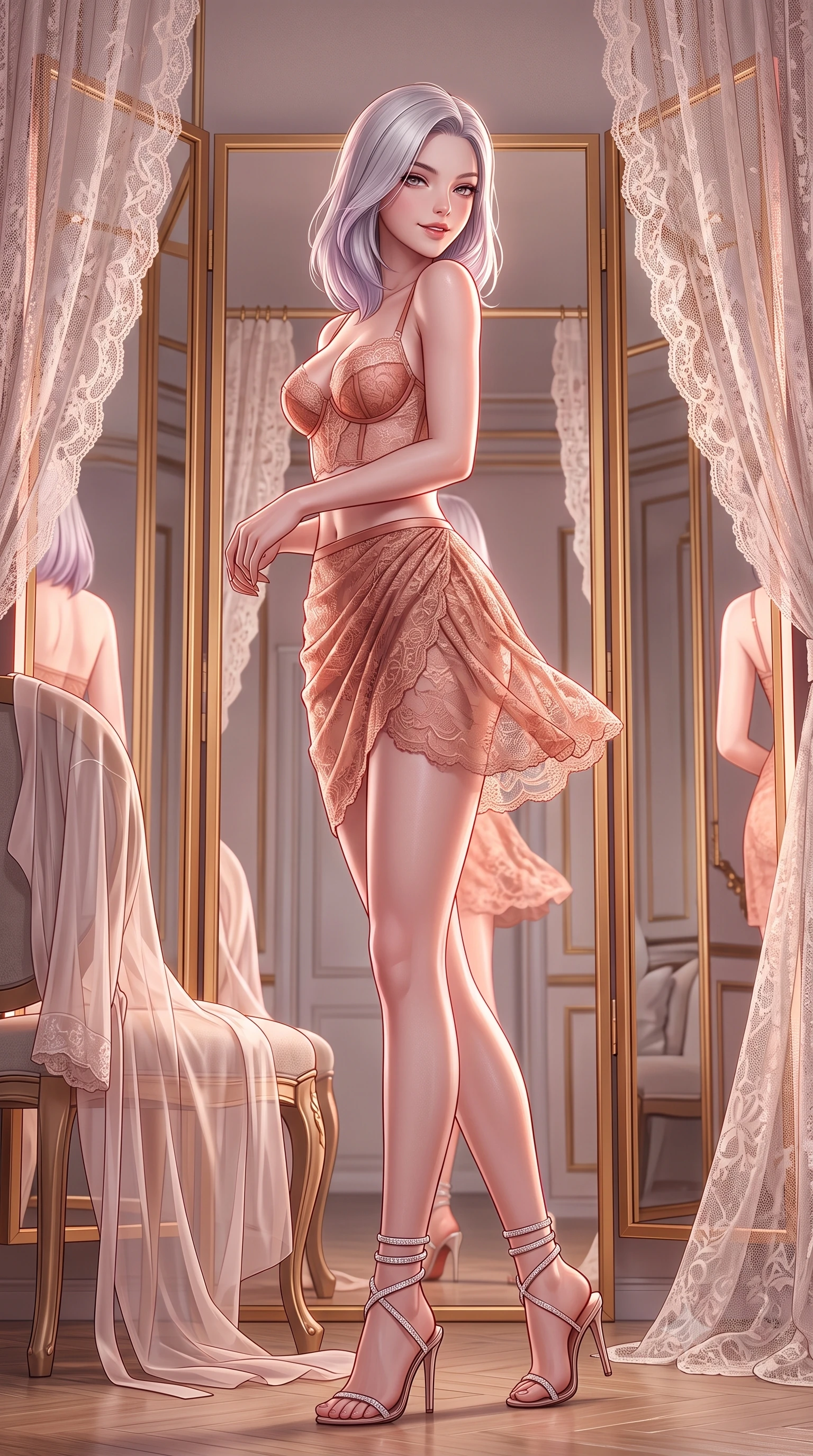 score_9, masterpiece, best quality, ultra-detailed, high-budget anime keyframe, semi-realistic 3D game render, editorial fashion photography, tasteful artistic composition, Caucasian woman. low angle full-body shot from head to toe showing her feet, filling the entire 9:16 vertical frame with her statuesque presence, stretching her vertical silhouette. executing a slow, graceful pivot turn as her skirt sways around her slender legs, glancing back with an enchanting, teasing sensual expression while twisting her slender torso in an alluring contrapposto stance before the floor-to-ceiling gilded mirrors, admiring her hourglass silhouette. The surrounding environment is rendered in vivid detail and crisp panoramic clarity: detailed delicate French Chantilly lace teddy drape, sheer silk robe slipping off shoulders, and bespoke interior craft in razor-sharp precision. She has an absolutely perfect, statuesque 8.5-heads proportion, an exceptionally tall and slender model-like female figure with impossibly long slender legs, an ultra-slim waist, a flat toned midriff, narrow delicate ribcage, and beautifully sculpted feminine hips creating a graceful, slim hourglass silhouette without any bulky heaviness. sharp v-shaped jawline, high-bridge nose, sparkling eyes with hypnotic seductive depth, thick curled eyelashes, glossy parted lips with a natural dewy peach sheen, alluring bedroom-eyes with an enchanting coquettish smile, exuding magnetic siren charisma and sophisticated glamour, flawlessly proportioned anatomical accuracy, strict slender model proportions, natural body alignment, perfectly sculpted long slender limbs, ultra-slim waistline, clean dynamic posture without body distortion. wearing a sculpted underwire demi-bustier in semi-sheer lace paired with an ultra-short draped tulip skirt in Positano terracotta and blush peach, made of delicate semi-sheer French Chantilly lace with intricate eyelash edges, complemented by strappy stiletto sandals with crystal ankle wraps accentuating her slender calves, the liquid-tight tailored fabric clinging flawlessly to her narrow waist and rounded feminine hips, emphasizing every millimeter of her sculpted slim hourglass curves without any bulky heaviness. illuminated by trifold mirror reflection bounce and sharp rose-gold rim lights defining her jawline, flat midriff, and voluptuous hip curves. highly saturated vibrant anime colors, detailed shading with soft gradients, rich glossy textures, high-contrast stereoscopic depth, volumetric dynamic lighting, master piece, 9:16 ratio