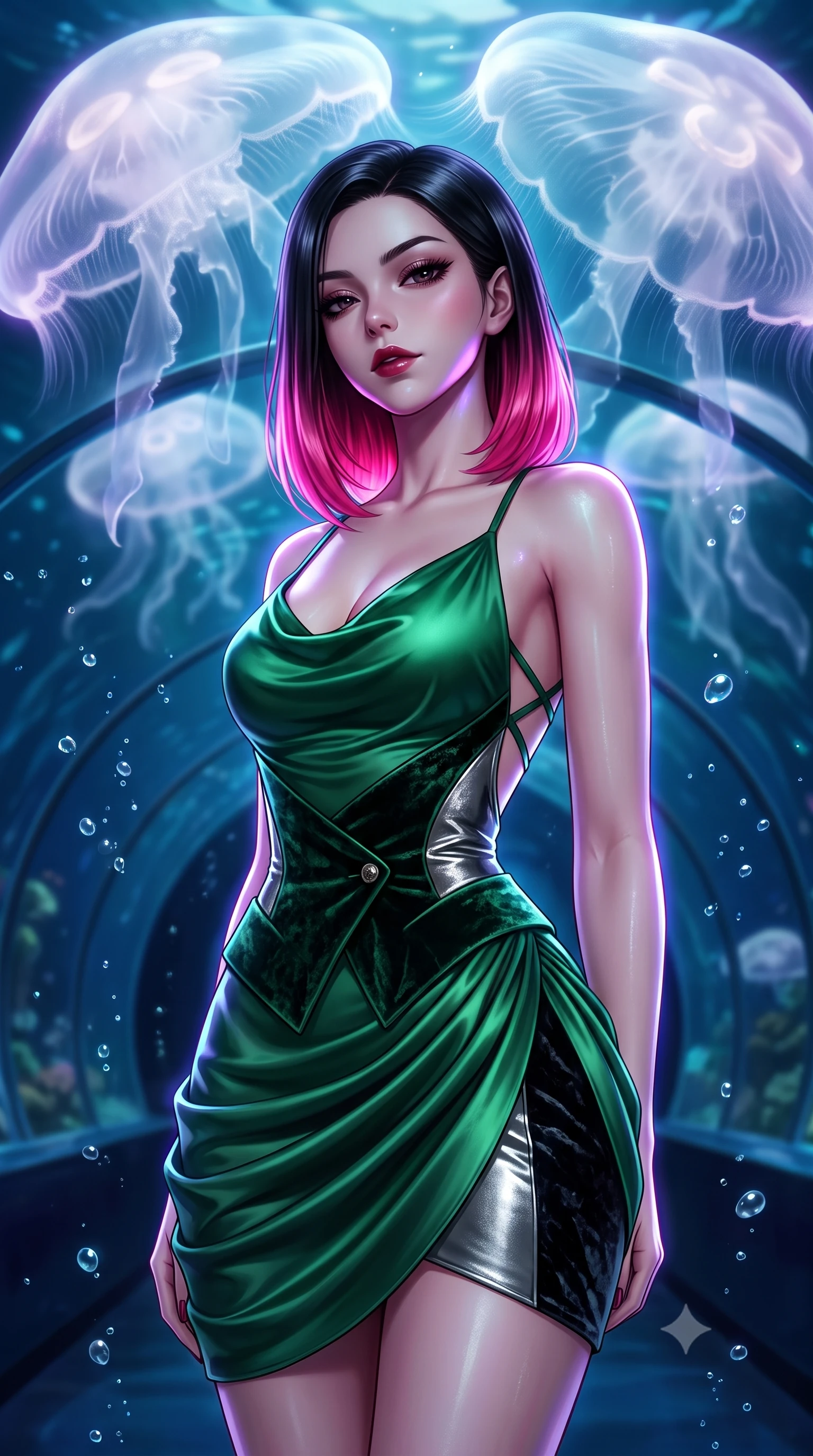 score_9, masterpiece, best quality, ultra-detailed, high-budget anime keyframe, semi-realistic 3D game render, editorial fashion photography, tasteful artistic composition, Korean woman. close-up cowboy shot from the waist and thighs up, the character dominates the composition, filling the frame with her large presence. glancing down over lowered lashes before meeting the camera with quiet, devastating intensity, her tailored outfit tracing her ultra-slim waist and hips while standing centered within the curved acrylic tunnel as colossal translucent moon jellyfish pulse silently, arching her back with an ethereal, sovereign expression. The composition keeps background elements in soft focus with dreamy creamy bokeh. deep ocean water currents and floating air micro-bubbles softened in surreal aquatic shallow focus. She has an exceptionally elegant, slender, and willowy female figure with an ultra-slim waist, flat toned midriff, narrow ribcage, and sculpted feminine hips creating an alluring, slim hourglass silhouette without bulk. sharp v-shaped jawline, high-bridge nose, intricate jewel-like dark sparkling eyes with dangerous depth, thick curled eyelashes, glossy parted lips with a rich wine sheen, smoldering seductive half-smile with bedroom-eyes, exuding effortless superiority and intoxicating dark allure, flawlessly proportioned anatomical accuracy, strict slender model proportions, natural body alignment, perfectly sculpted long slender limbs, ultra-slim waistline, clean dynamic posture without body distortion. wearing a cowl-neck emerald green silk satin slip dress with criss-cross back straps and hip-accentuating drape in metallic liquid silver and pitch black, tailored from crushed dark velvet with deep light-absorbing plush texture, finished with sharp tailored peak lapels and subtle horn button accents, the liquid-tight tailored fabric clinging flawlessly to her narrow waist and rounded feminine hips, emphasizing every millimeter of her sculpted slim hourglass curves without any bulky heaviness. illuminated by pulsating ultraviolet rim lights and caustic water reflections sharply carving her razor-sharp jawline, narrow waist, and curvy hips. highly saturated vibrant anime colors, detailed shading with soft gradients, rich glossy textures, high-contrast stereoscopic depth, volumetric dynamic lighting, master piece, 9:16 ratio