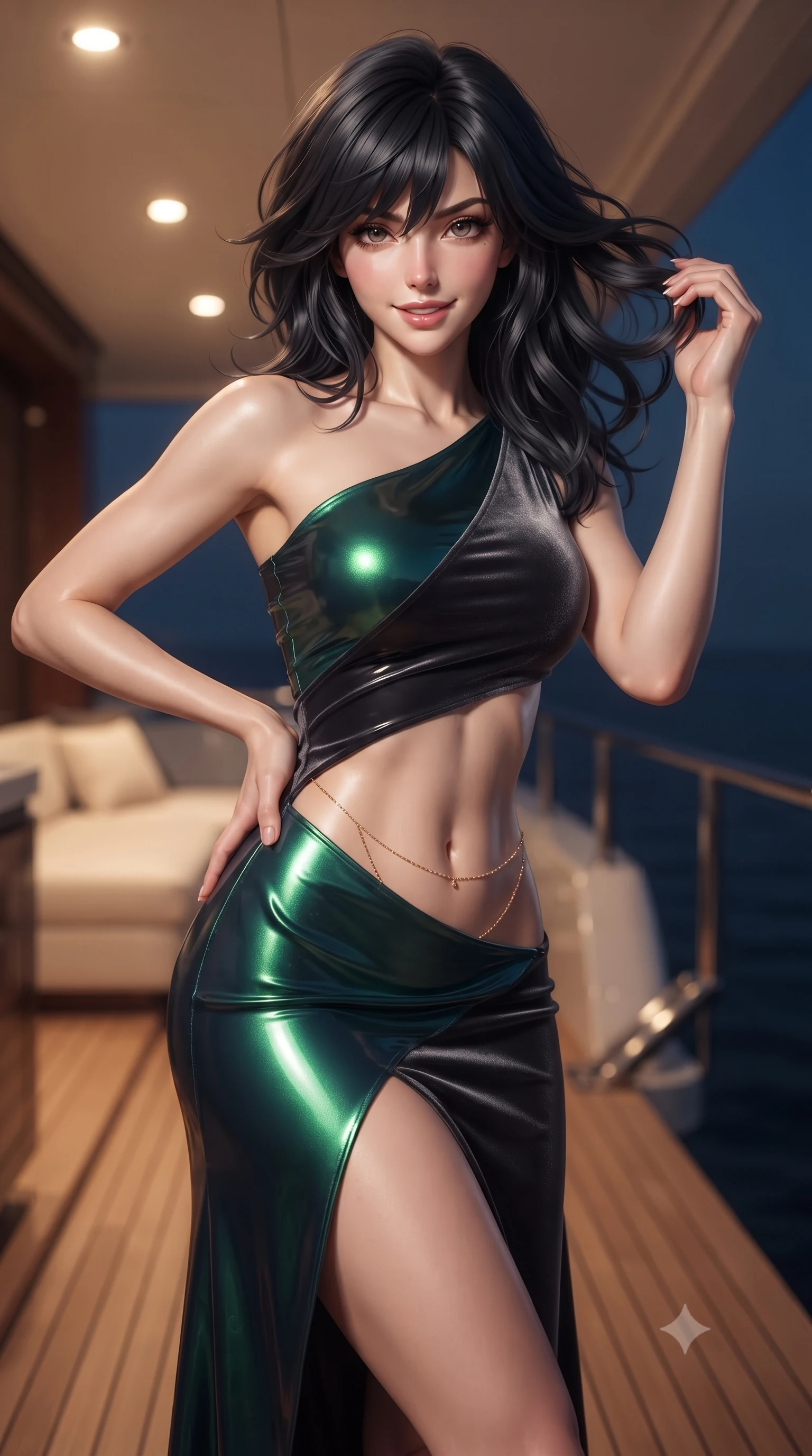 score_9, masterpiece, best quality, ultra-detailed, high-budget anime keyframe, editorial fashion photography, tasteful artistic composition, Caucasian woman. close-up cowboy shot from the waist and thighs up, the character dominates the composition, filling the frame with her large presence. twisting her slender torso in an alluring contrapposto stance, one hand resting on her sculpted hip while her fingers toy with her hair with effortless poise while standing on the private teak balcony folded out directly from the master bedroom over the sea, arching her back with intimate luxury allure. The background shows a soft-focus yacht hull folding balcony mechanisms softened in ultra-private luxury shallow focus. She has an exceptionally elegant, slender, and willowy female figure with an ultra-slim waist, flat toned midriff, narrow ribcage, and sculpted feminine hips creating an alluring, slim hourglass silhouette without bulk. sharp v-shaped jawline, high-bridge nose, sparkling eyes with hypnotic seductive depth, thick curled eyelashes, glossy parted lips with a natural dewy peach sheen, alluring bedroom-eyes with an enchanting coquettish smile, exuding magnetic siren charisma and sophisticated glamour, flawlessly proportioned anatomical accuracy, strict slender model proportions, natural body alignment, perfectly sculpted long slender limbs, ultra-slim waistline, clean dynamic posture without body distortion. wearing an asymmetric one-shoulder liquid jersey gown with dramatic hip-high slit and sculptural waist cutout in iridescent emerald satin and dark charcoal velvet, crafted from wet-look high-gloss vinyl fabric with dazzling specular surface reflections, accented with a dainty gold belly chain resting across her flat midriff and curving hips, the high-slit wrap tailoring accentuating her ultra-slim waistline and the enchanting curve of her feminine hips with alluring seductive charm. bathed in warm 2800K recessed ceiling downlights spilling from the master suite mixed with cool sea moonbeam fill. ultra-reflective glossy finish, specular highlights, rich textural contrasts, high-contrast stereoscopic depth, volumetric dynamic lighting, 2k, ultra detail, master piece, 9:16 ratio