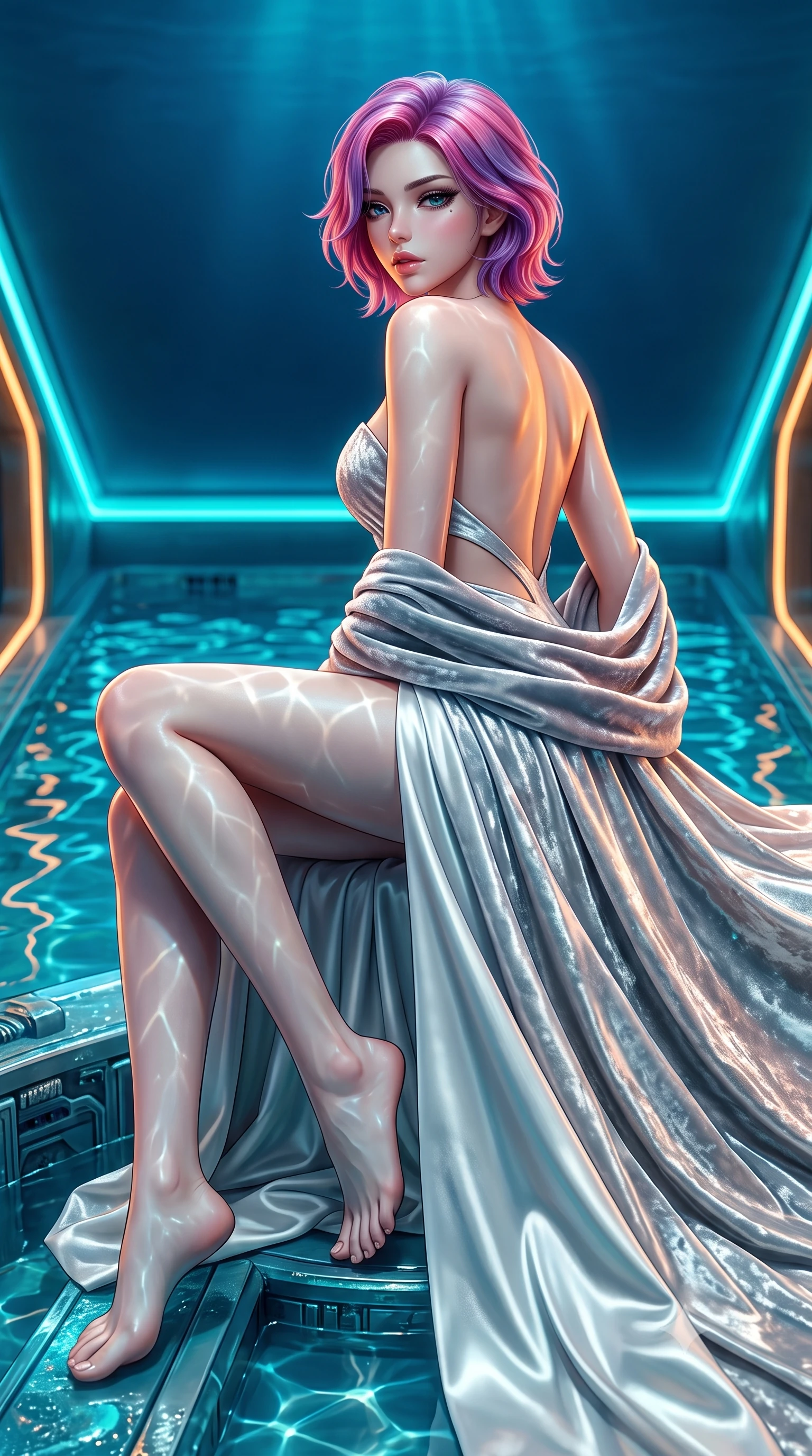 score_9, masterpiece, best quality, ultra-detailed, high-budget anime keyframe, semi-realistic 3D game render, editorial fashion photography, tasteful artistic composition, Caucasian woman. low angle full-body shot from head to toe showing her feet, filling the entire 9:16 vertical frame with her statuesque presence, stretching her vertical silhouette. reclining on her side in an elegant Cleopatra pose with one knee drawn up, the dramatic contour of her rounded hips and long slender legs commanding the 9:16 vertical frame while turning in an alluring contrapposto stance as her sleek speedsuit clings to her form, looking back over a bare shoulder with parted glossy lips. The surrounding environment is rendered in vivid detail and crisp panoramic clarity. detailed wet-look vinyl texture, aquatic light caustics on skin, and submerged underwater structural clarity in high resolution. She has an exceptionally tall and slender model-like 8.5-heads proportion, an ultra-slim waist, a flat toned midriff, narrow delicate ribcage, and beautifully sculpted feminine hips creating a graceful, slim hourglass silhouette without any bulky heaviness, with impossibly long slender legs. sharp v-shaped jawline, high-bridge nose, intricate jewel-like eyes with depth, thick eyelashes, glossy parted lips with a natural sheen, intensely captivating and seductive bedroom-eyes expression, flawlessly proportioned anatomical accuracy, strict slender model proportions, natural body alignment, perfectly sculpted long slender limbs, ultra-slim waistline, clean dynamic posture without body distortion. wearing a deep sweetheart neckline crushed velvet corseted ballgown with an exposed midriff cutout in shimmering silver mercury and pearl white, tailored from ultra-smooth duchess satin with a pearlescent sheen, complemented by a plush velvet shawl draped loosely over her elbows, the dramatically scooped open back descending to the base of her spine, accentuating her razor-sharp statuesque lines and slim hourglass silhouette. bathed in high-contrast cyan and amber track edge lights contrasting with deep ocean blue overhead ambient glow. highly saturated vibrant anime colors, detailed shading with soft gradients, rich glossy textures, high-contrast stereoscopic depth, volumetric dynamic lighting, master piece, 9:16 ratio