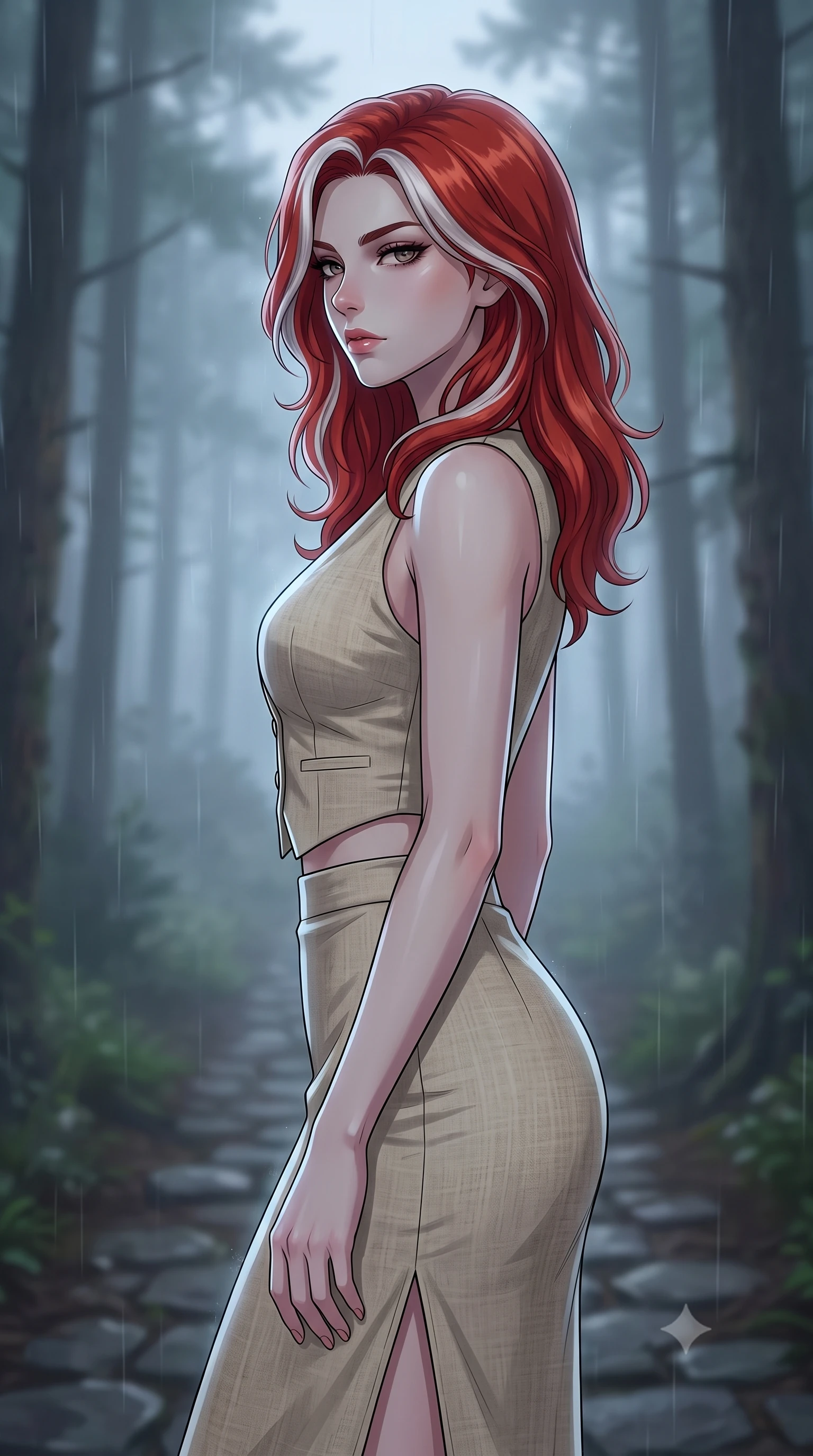 score_9, masterpiece, best quality, ultra-detailed, high-budget anime keyframe, tasteful artistic composition, Caucasian woman. close-up cowboy shot from the waist and thighs up, the character dominates the composition, filling the frame with her large presence, background elements kept in soft focus. turning her face in sharp profile, casting a cold, mysterious, yet intensely alluring side gaze, the background shows a soft-focus a secluded stone path in an old pine forest under a heavy fog and gentle rain. She has an exceptionally elegant, slender, and willowy female figure with an ultra-slim waist, a gracefully sculpted slender torso, and a refined silhouette. sharp v-shaped jawline, high-bridge nose, intricate jewel-like eyes with depth, thick eyelashes, glossy lips with a natural sheen. wearing a form-contouring tailored vacation outfit of a linen crop vest and a matching side-slit midi skirt, revealing a subtle waist cutout. soft diffused twilight light tracing her jawline with a cold silver rim light. highly saturated vibrant anime colors, cel-shading, 2d style, master piece, 9:16 ratio