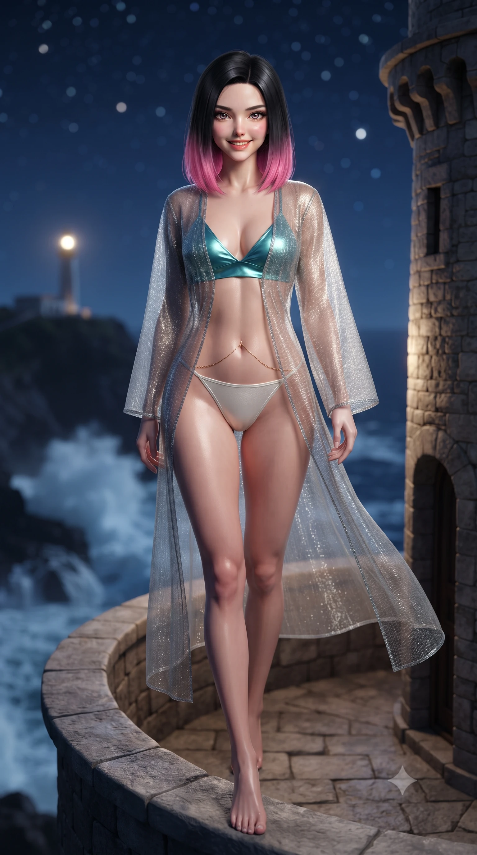 score_9, masterpiece, best quality, ultra-detailed, high-budget anime keyframe, editorial fashion photography, tasteful artistic composition, Korean woman. low angle full-body shot from head to toe showing her feet, filling the entire 9:16 vertical frame with her statuesque presence, stretching her vertical silhouette. stepping slowly toward the camera with hypnotic grace, hips swaying in an alluring sensual rhythm that accentuates her curvy hourglass silhouette and long slender legs while standing poised on the cantilevered semicircular stone balcony of the converted medieval watchtower, arching her lower back as crashing midnight waves send salty mist into the air. The background shows a soft-focus massive foaming ocean breakers crashing against black basalt sea cliffs far below, distant Amalfi lighthouse beacon, and starry night sky blurred into sapphire, diamond, and topaz bokeh. She has an exceptionally tall and slender model-like 8.5-heads proportion, an ultra-slim waist, a flat toned midriff, narrow delicate ribcage, and beautifully sculpted feminine hips creating a graceful, slim hourglass silhouette without any bulky heaviness, with impossibly long slender legs. sharp v-shaped jawline, high-bridge nose, intricate jewel-like sparkling eyes with depth, thick eyelashes, glossy parted lips with a natural peach sheen, bright cheerful beaming smile with an enchanting and coquettish sensual glint, exuding both youthful cute charm and seductive allure, flawlessly proportioned anatomical accuracy, strict slender model proportions, natural body alignment, perfectly sculpted long slender limbs, ultra-slim waistline, clean dynamic posture without body distortion. wearing a provocative sheer metallic-threaded gossamer caftan worn wide open over a micro silk satin bralette and bikini briefs in Mediterranean bioluminescent teal and radiant pearl, crafted from translucent silk organza with an ethereal crystalline sheen, accented with a dainty gold belly chain resting across her flat midriff and curving hips, the glove-like clinging cut tightly following the natural contour of her hips and long slender legs with youthful 8.5-heads elegance. illuminated by sea foam specular reflections and sharp flame-gold rim lights defining her razor-sharp jawline, narrow waist, and curvy hips. ultra-reflective glossy finish, specular highlights, rich textural contrasts, high-contrast stereoscopic depth, volumetric dynamic lighting, 2k, ultra detail, master piece, 9:16 ratio