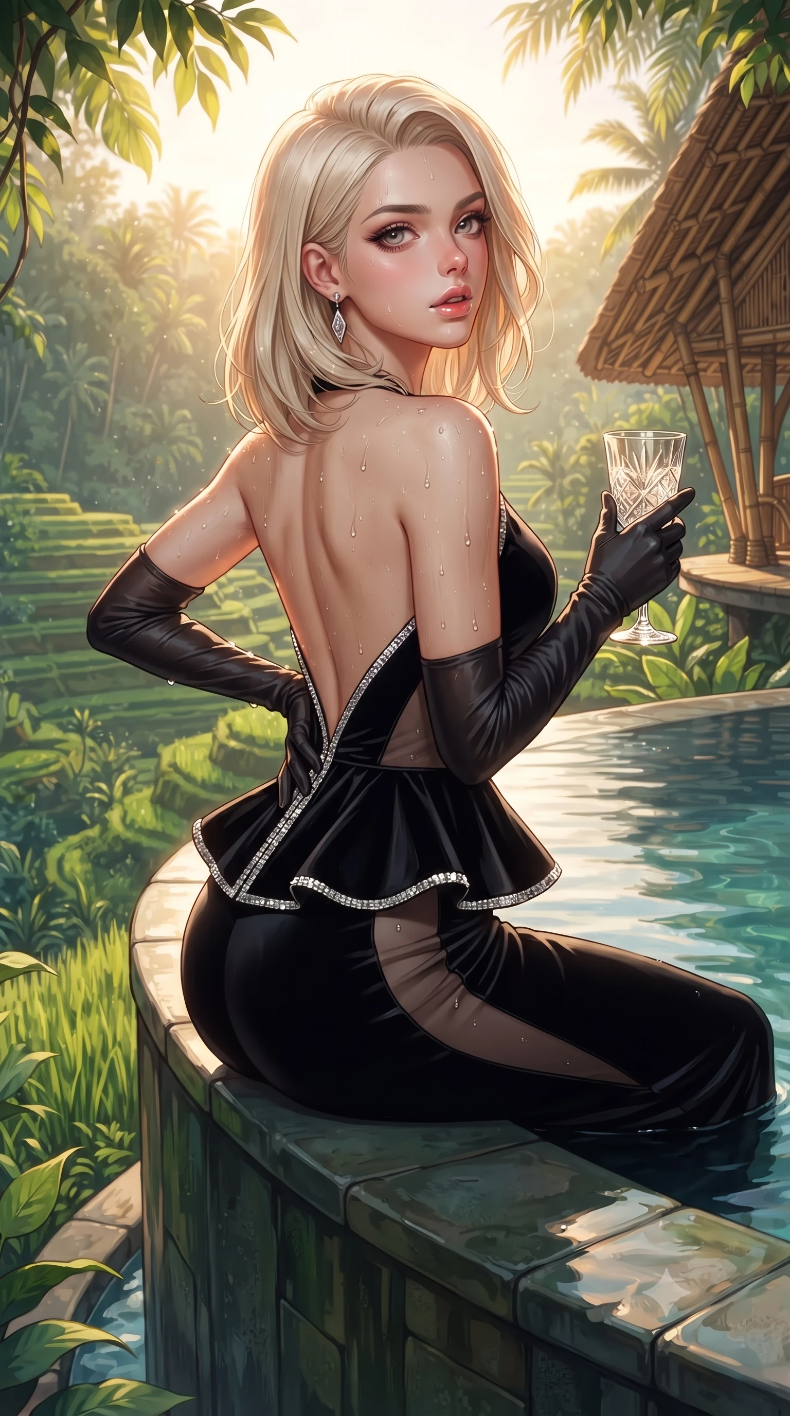 score_9, masterpiece, best quality, ultra-detailed, high-budget anime keyframe, editorial fashion photography, tasteful artistic composition, Caucasian woman. close-up cowboy shot from the waist and thighs up, the character dominates the composition, filling the frame with her large presence. posing in an alluring rear three-quarter angle, arching her lower back in a pronounced S-curve with one hand on her hip, glancing seductively over her bare shoulder with parted glossy lips while sitting on the infinity edge of a cantilevered mineral pool high above lush jungle rice terraces, water droplets beading on her hip as she turns. The surrounding environment is rendered in vivid detail and crisp panoramic clarity. detailed swimwear fabric sheen, water droplet beads on skin, and bamboo pavilion architecture in high clarity. She has an exceptionally elegant, slender, and willowy female figure with an ultra-slim waist, flat toned midriff, narrow ribcage, and sculpted feminine hips creating an alluring, slim hourglass silhouette without bulk. sharp v-shaped jawline, high-bridge nose, intricate jewel-like eyes with depth, thick eyelashes, glossy parted lips with a natural sheen, intensely captivating and seductive bedroom-eyes expression, flawlessly proportioned anatomical accuracy, strict slender model proportions, natural body alignment, perfectly sculpted long slender limbs, ultra-slim waistline, clean dynamic posture without body distortion. wearing a structural geometric peplum gown with sheer side-ribbon cutouts and form-fitting skirt in pitch-black velvet with diamond crystal trim, tailored from liquid silk jersey adhering flawlessly to her slender build, accessorized with opera-length satin gloves and a vintage crystal glass, the precision-cut side openings and low-back scoop framing her graceful spine and the sensual sweep of her slim, toned hips. bathed in warm tropical golden morning sunlight filtering through jungle canopy foliage. ultra-reflective glossy finish, specular highlights, rich textural contrasts, high-contrast stereoscopic depth, volumetric dynamic lighting, 2k, ultra detail, master piece, 9:16 ratio