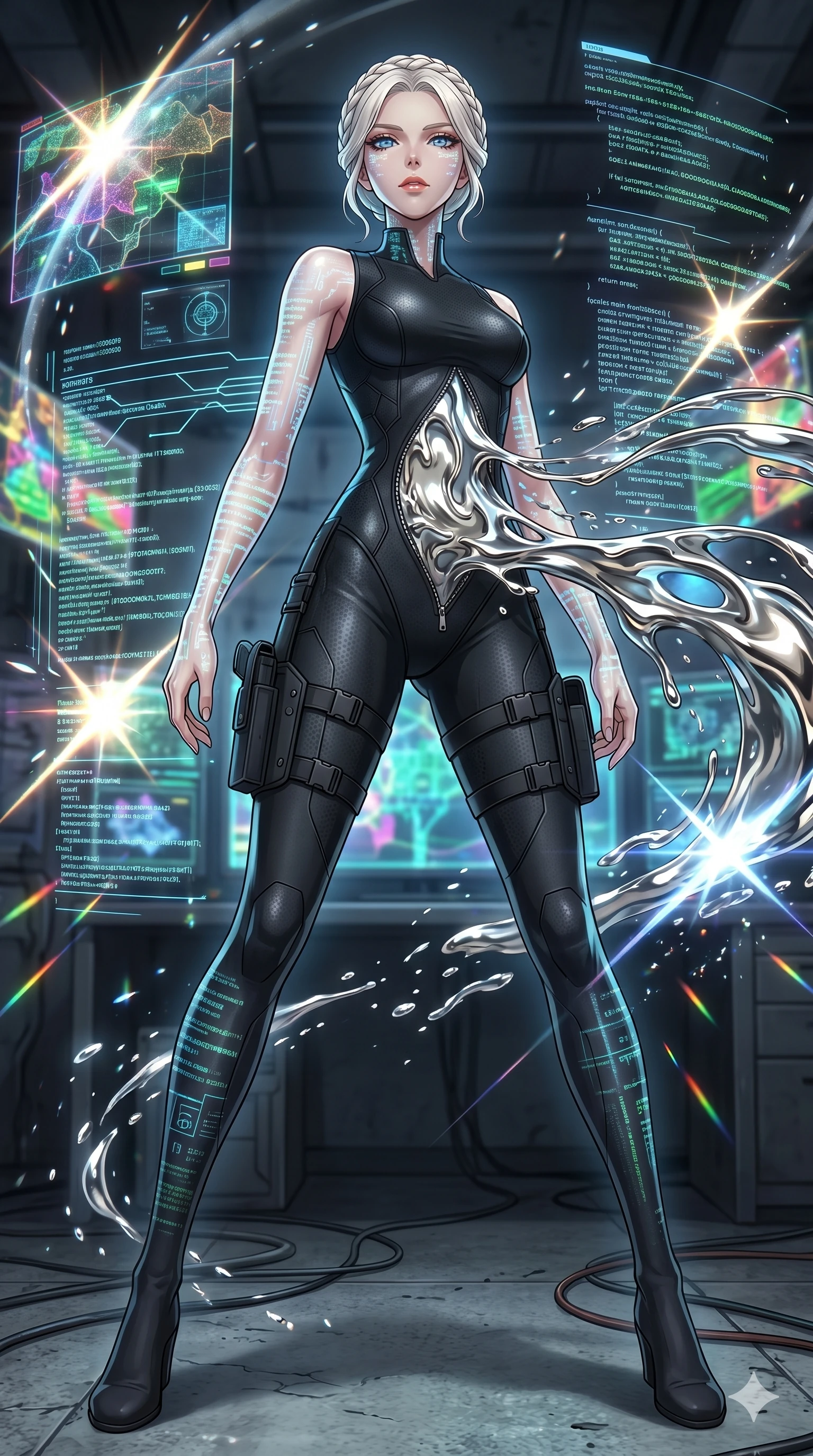 score_9, masterpiece, best quality, ultra-detailed, High-budget Anime Keyframe, vibrant colors, fluid line-art, expressive lighting, cinematic composition, Ufotable-style visual effects, top-tier animation quality, Japanese woman with delicate and elegant anime-inspired features. Dynamic full-body shot stretching the vertical silhouette, capturing her from a powerful low-angle perspective. Merging her consciousness with a digital interface as rivers of data flow through her translucent skin and glowing eyes. She has an absolutely perfect 8-heads proportion, an exceptionally tall and slender female figure with impossibly long slender legs and an ultra-slim waist, her statuesque height and towering silhouette dominating the vertical 9:16 frame. Her face is a masterpiece featuring a sharp v-shaped jawline, high-bridge nose, intricate jewel-like eyes with depth, thick eyelashes, and glossy lips with a natural sheen. She is wearing a Sleek tactical leotard with thigh-high holsters, unzipped deeply to show her midriff crafted from Molten liquid mercury that flows and reflects the environment with metallic perfection, featuring strategic side cut-outs that emphasize her ultra-slim waist and hips. The scene is set in an underground rebel bunker with flickering holographic screens and tactical maps, illuminated by dynamic strobe effects that capture her movement in a series of sharp fragments. 2k, ultra detail, master piece, 9:16 ratio