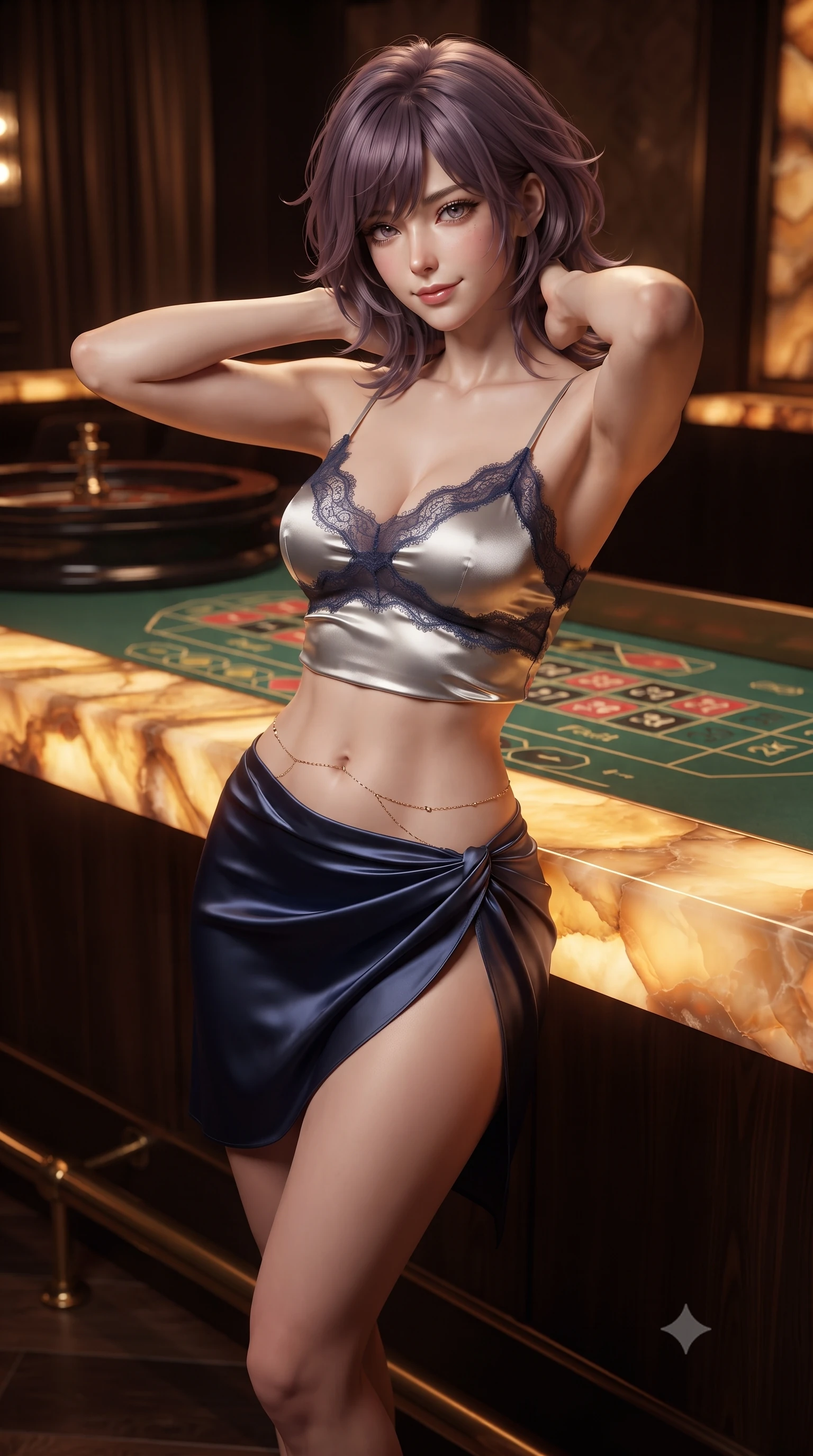 score_9, masterpiece, best quality, ultra-detailed, high-budget anime keyframe, editorial fashion photography, tasteful artistic composition, Japanese woman. close-up cowboy shot from the waist and thighs up, the character dominates the composition, filling the frame with her large presence. resting both hands lightly behind her neck with elbows raised, arching her spine to highlight her narrow waist, flat midriff, and breathtaking collarbones while standing poised beside the green baize roulette table with hips cocked back, casting an intoxicating, heavy-lidded smile. The surrounding environment is rendered in vivid detail and crisp panoramic clarity: sharp backlit onyx stone veining, green gaming felt weave, and polished brass foot rail gleam in deep focus. She has an exceptionally elegant, slender, and willowy female figure with an ultra-slim waist, flat toned midriff, narrow ribcage, and sculpted feminine hips creating an alluring, slim hourglass silhouette without bulk. sharp v-shaped jawline, high-bridge nose, sparkling eyes with hypnotic seductive depth, thick curled eyelashes, glossy parted lips with a natural dewy peach sheen, alluring bedroom-eyes with an enchanting coquettish smile, exuding magnetic siren charisma and sophisticated glamour, flawlessly proportioned anatomical accuracy, strict slender model proportions, natural body alignment, perfectly sculpted long slender limbs, ultra-slim waistline, clean dynamic posture without body distortion. wearing a delicate lace-trimmed silk camisole paired with a draped satin wrap sarong mini skirt with high side slit in molten liquid silver and deep sapphire navy, woven from buttery-soft stretch lambskin leather adhering to her body like a second skin, accented with a dainty gold belly chain resting across her flat midriff and curving hips, the second-skin tailored fabric adhering flawlessly to her sculpted flat midriff and slender torso, emphasizing her long leg lines and perfectly proportioned willowy build. bathed in warm intimate glow radiating upward through the translucent honey-onyx bar top. ultra-reflective glossy finish, specular highlights, rich textural contrasts, high-contrast stereoscopic depth, volumetric dynamic lighting, 2k, ultra detail, master piece, 9:16 ratio