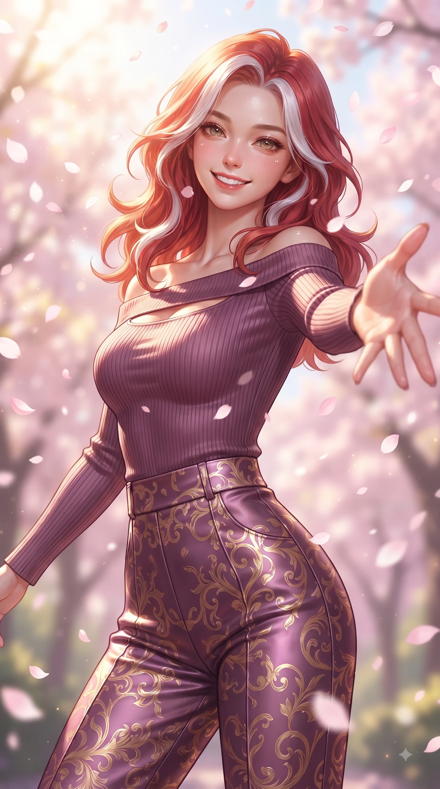 score_9, masterpiece, best quality, ultra-detailed, high-budget anime keyframe, editorial fashion photography, tasteful artistic composition, Caucasian woman. close-up cowboy shot from the waist and thighs up, the character dominates the composition, filling the frame with her large presence, background elements kept in soft focus. Fresh enchanting smile, her eyes twinkling like jewels in the bright sunlight as one arm reaches out cheerfully while pivoting dynamically with a bright cute smile as pink sakura petals rain down like snow, bright spring sunbeams illuminating the scene in soft pastel pink and gold tones. She has an exceptionally elegant, slender, and willowy female figure with an ultra-slim waist, a gracefully sculpted slender torso, and a refined silhouette. sharp v-shaped jawline, high-bridge nose, intricate jewel-like eyes with depth, thick eyelashes, glossy lips with a natural sheen, flawlessly proportioned anatomical accuracy, natural body alignment, perfectly sculpted elegant limbs, clean dynamic posture without body distortion. wearing a sleek off-shoulder ribbed knit top paired with high-waist tailored pants in plum purple and gold filigree, crafted from lustrous satin jersey with fluid draping, accented with a Tasteful chest slit framing her clavicle gracefully, the tailored fabric tightly following every curve of her athletic build. bathed in bright morning sunbeams and warm golden sakura backlighting. ultra-reflective glossy finish, specular highlights, metallic sheen, high-contrast stereoscopic depth, volumetric dynamic lighting, 2k, ultra detail, master piece, 9:16 ratio