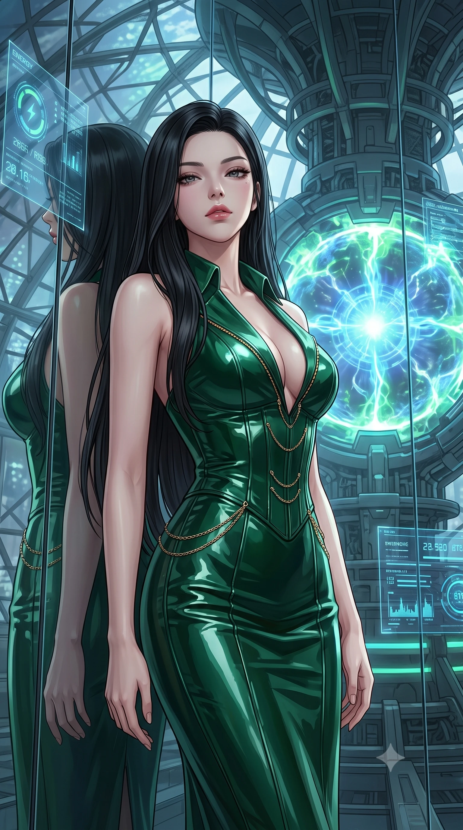 score_9, masterpiece, best quality, ultra-detailed, High-budget Anime Keyframe, East Asian woman. Low angle cowboy shot filling the entire 9:16 frame with her statuesque presence. Scenario 448: leaning back against a wall of virtual mirrors in a secret bio-dome containing a giant glowing fusion reactor. Her presence is magnetic and overpowering in this high-budget anime scene. Outfit 448: a slim-fit emerald green patent leather corset dress featuring an elegant plunging collar and fine gold chains. The clothing is designed to emphasize her exceptionally tall and slender 8-heads proportion. 8-heads proportion, towering silhouette, ultra-slim waist. sharp v-shaped jawline, intricate jewel-like eyes with depth, thick eyelashes, glossy lips. 2k, ultra detail, master piece, 9:16 ratio