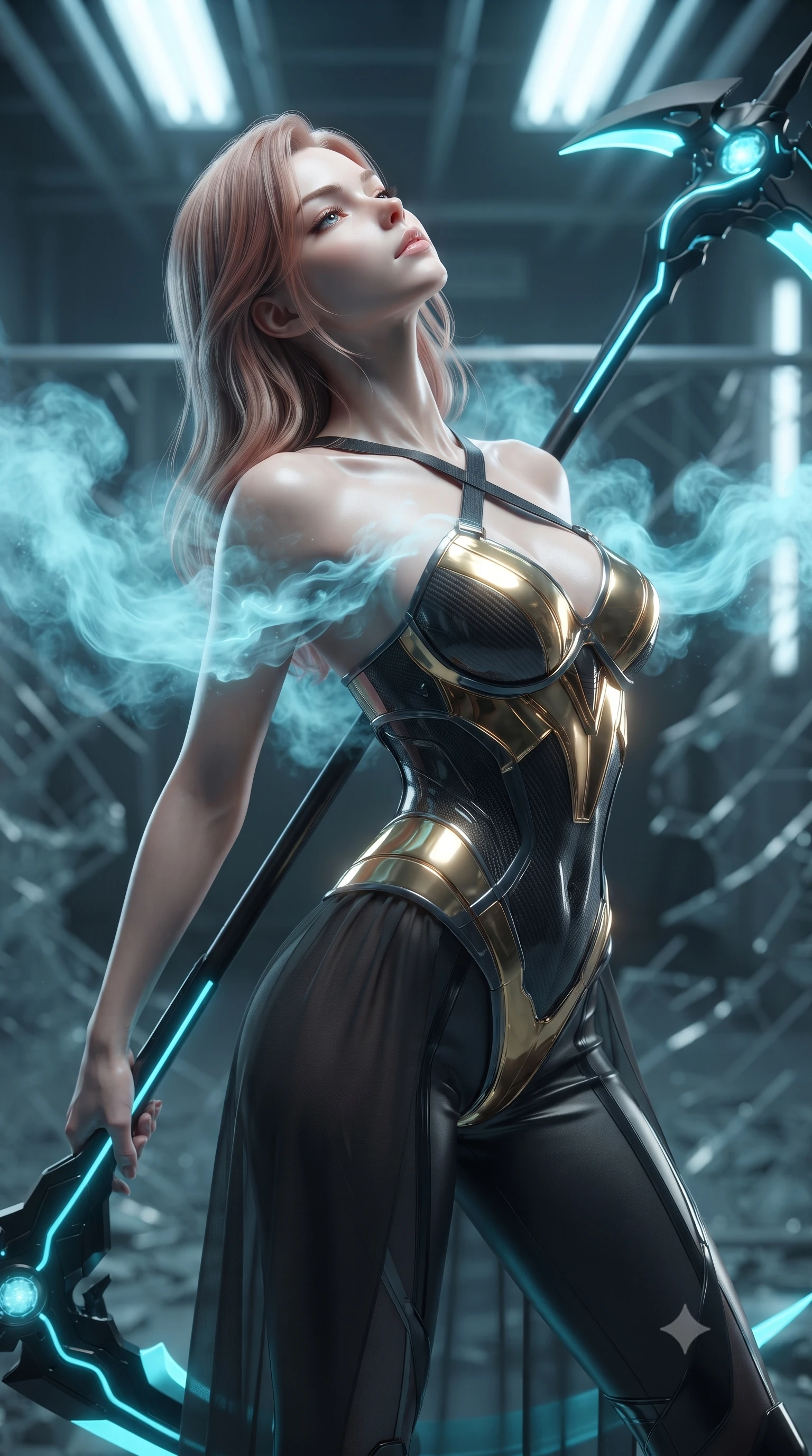 score_9, masterpiece, best quality, ultra-detailed, high-budget anime keyframe, editorial fashion photography, tasteful artistic composition, Japanese woman. close-up cowboy shot from the waist and thighs up, the character dominates the composition, filling the frame with her large presence. tilting her head back with serene regal elegance, her sharp jawline and sculpted collarbones highlighted by glowing weapon energy reflections while stretching her slender torso in an alluring S-curve as cyan cryo-mist billows gracefully around her bare shoulders and waist. The composition keeps background elements in soft focus with creamy bokeh. shattered security barriers and overhead frosted conduits softened in quiet atmospheric focus. She has an exceptionally elegant, slender, and willowy female figure with an ultra-slim waist, a gracefully sculpted slender torso, toned flat midriff, and a refined slim silhouette. sharp v-shaped jawline, high-bridge nose, intricate jewel-like eyes with depth, thick eyelashes, glossy lips with a natural sheen, flawlessly proportioned anatomical accuracy, strict slender model proportions, natural body alignment, perfectly sculpted long slender limbs, ultra-slim waistline, clean dynamic posture without body distortion. wearing a sculpted molten-gold and dark carbon cuirass paired with high-mobility combat leggings and sheer side drapes, wielding a glowing plasma energy scythe with fluid grace in matte obsidian carbon black with electric cyan conduits, crafted from semi-translucent cybernetic carbon-vinyl interwoven with glowing micro-filaments, complemented by criss-cross back harness straps highlighting her completely bare spine, the form-contouring material adhering flawlessly to her sculpted flat midriff and slender torso, emphasizing her long leg lines and perfectly proportioned willowy build. bathed in glowing cyan cryo-energy spear radiance and cool white emergency strobe lighting. ultra-reflective glossy finish, specular highlights, dark metallic sheen, high-contrast stereoscopic depth, volumetric dynamic lighting, 2k, ultra detail, master piece, 9:16 ratio