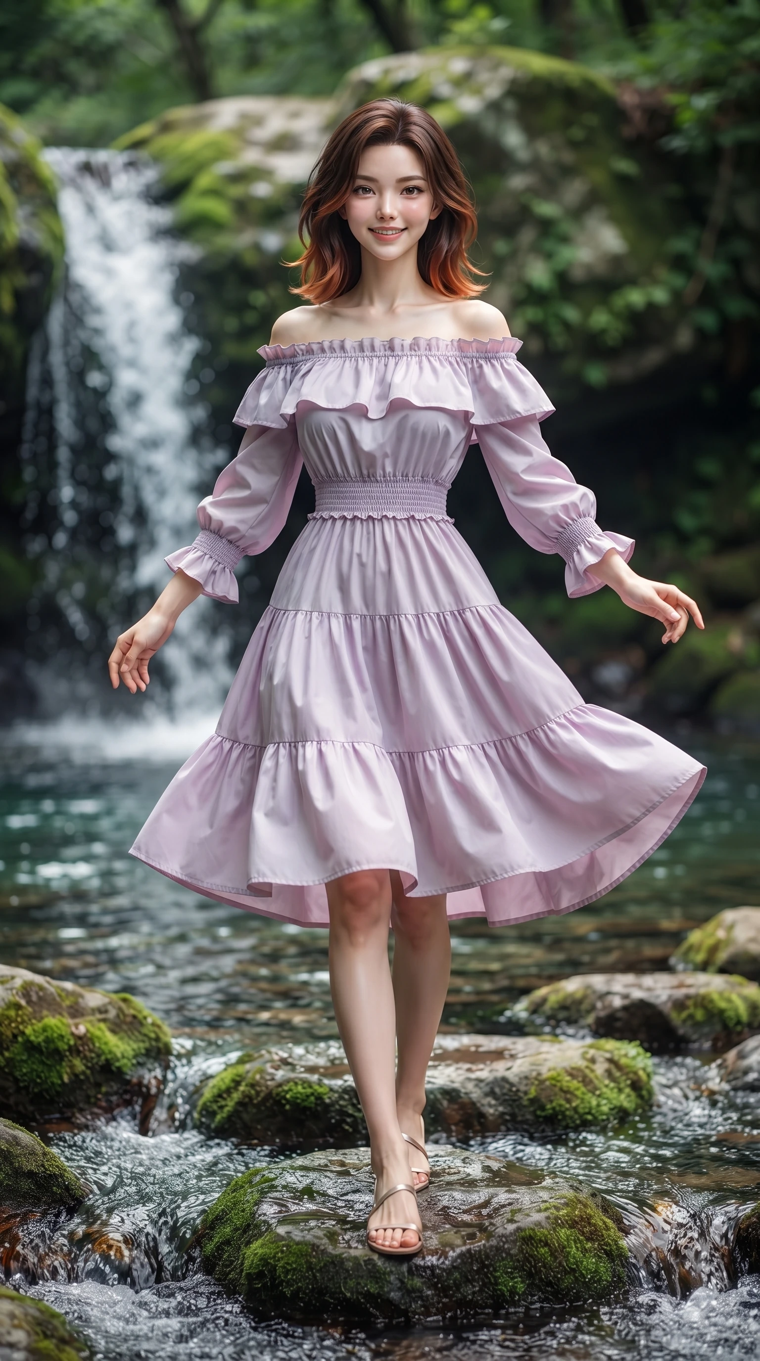 score_9, masterpiece, best quality, ultra-detailed, high-budget anime keyframe, editorial fashion photography, tasteful artistic composition, Korean woman. low angle full-body shot from head to toe showing her feet, filling the entire 9:16 vertical frame with her statuesque presence, stretching her vertical silhouette. performing a cheerful mid-motion turn with effortless poise, her skirt fluttering softly as she smiles into the camera while stepping lightly across mossy stepping stones over a bubbling creek, her balance effortlessly graceful and poised. The surrounding environment is rendered in vivid detail and crisp panoramic clarity. sharp cascading waterfall droplets, velvet moss textures on river stones, and clear pool caustics in deep focus. She has an absolutely perfect, statuesque 8.5-heads proportion, an exceptionally tall and slender model-like female figure with impossibly long slender legs, a toned flat midriff, and an ultra-slim waist. sharp v-shaped jawline, high-bridge nose, intricate jewel-like eyes with depth, thick eyelashes, glossy lips with a natural sheen, pure and lovely fresh girlhood expression, flawlessly proportioned anatomical accuracy, strict slender model proportions, natural body alignment, perfectly sculpted long slender limbs, ultra-slim waistline, clean dynamic posture without body distortion. wearing a graceful off-shoulder cotton sundress with a ruffled neckline and tiered A-line skirt in subtle lilac violet and soft rose gold, tailored from crisp organic cotton poplin, accented with soft smocked elastic details and ruffled cuff trims, the relaxed yet flattering fit accentuating her naturally graceful and slender figure, highlighting her youthful charm and lovely silhouette. illuminated by soft emerald forest bounce light accentuating her natural beauty and lovely outfit. ultra-reflective glossy finish, specular highlights, rich natural textures, high-contrast stereoscopic depth, volumetric dynamic lighting, 2k, ultra detail, master piece, 9:16 ratio