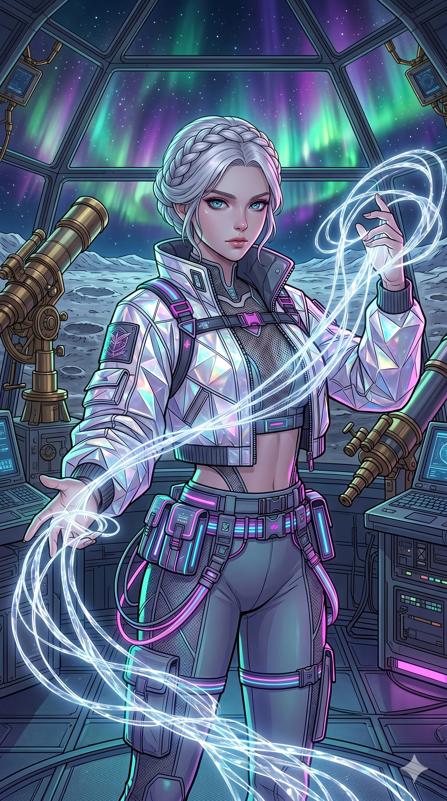 score_9, masterpiece, best quality, ultra-detailed, high-budget anime movie keyframe, cinematic anime lighting, intricate line art, Caucasian (strictly human ears) woman. Medium shot of upper body capturing the intricate details of her high-fashion attire. weaving threads of light in a lunar observatory amidst aurora borealis. She has an absolutely perfect 8-heads proportion, an exceptionally tall and slender female figure with an ultra-slim waist and impossibly long slender legs. sharp v-shaped jawline, high-bridge nose, intricate jewel-like eyes, thick eyelashes, glossy lips. Wearing modern urban tech-wear ensemble with a cropped reflective bomber jacket, ultra-slim high-waisted cargo leggings, and tactical harness with neon-lit pouches. The scene is illuminated by dramatic atmospheric lighting and vibrant color palettes. , 2k, ultra detail, master piece, 9:16 ratio