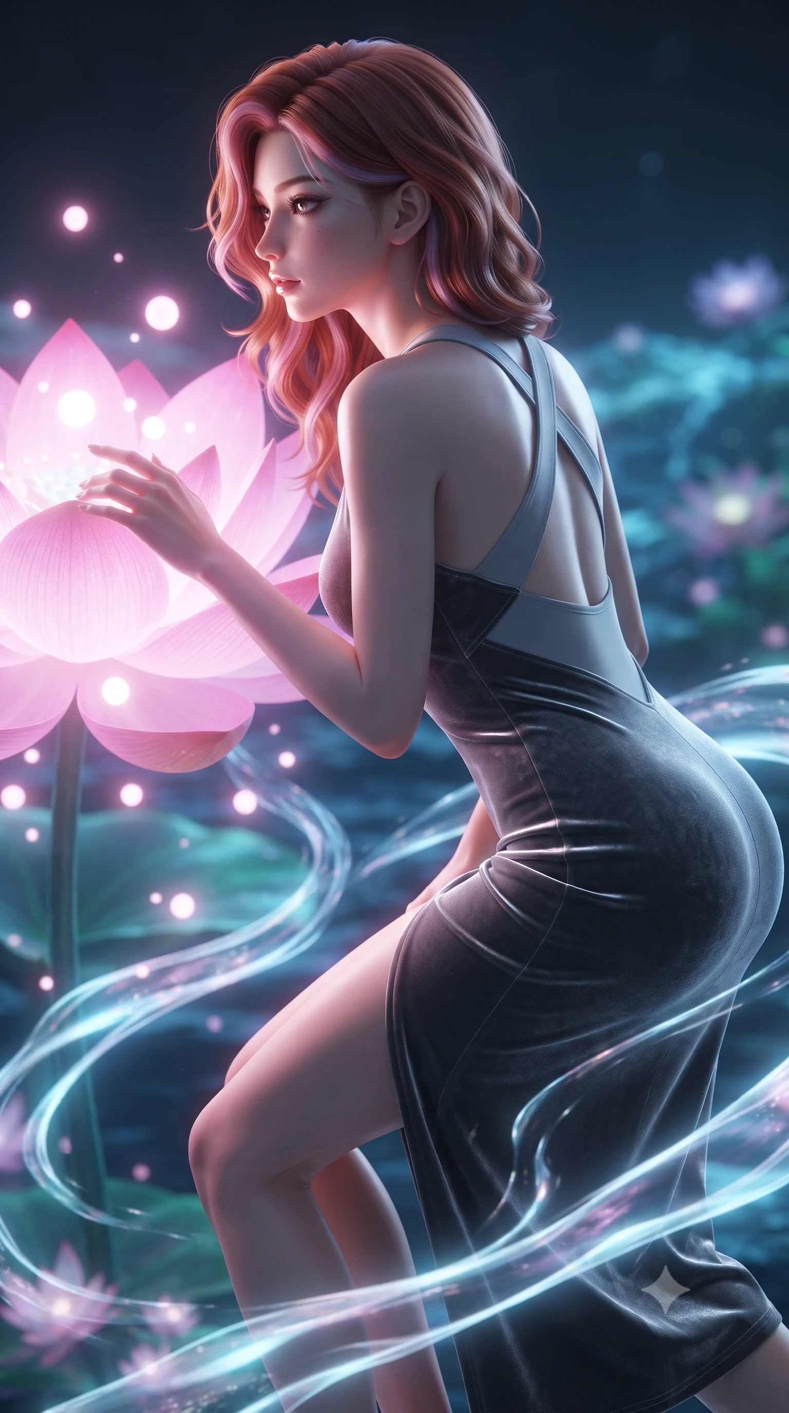 score_9, masterpiece, best quality, ultra-detailed, high-budget anime keyframe, editorial fashion photography, tasteful artistic composition, Caucasian woman. close-up cowboy shot from the waist and thighs up, the character dominates the composition, filling the frame with her large presence, background elements kept in soft focus. Turning her face in sharp profile while her upper body leans forward with poised athletic grace while reaching out to touch a giant bioluminescent pink lotus flower emitting soft light orbs, fluorescent water currents swirling smoothly around her slender limbs. She has an exceptionally elegant, slender, and willowy female figure with an ultra-slim waist, a gracefully sculpted slender torso, and a refined silhouette. sharp v-shaped jawline, high-bridge nose, intricate jewel-like eyes with depth, thick eyelashes, glossy lips with a natural sheen, flawlessly proportioned anatomical accuracy, natural body alignment, perfectly sculpted elegant limbs, clean dynamic posture without body distortion. wearing a velvet halter-neck midi dress following her form like a glove in charcoal grey and platinum, formed from sleek second-skin neoprene, complemented by criss-cross back straps highlighting her bare shoulders, the tailored fabric tightly following every curve of her athletic build. surrounded by a shimmering ocean aura with bright specular rim lights. ultra-reflective glossy finish, specular highlights, metallic sheen, high-contrast stereoscopic depth, volumetric dynamic lighting, 2k, ultra detail, master piece, 9:16 ratio