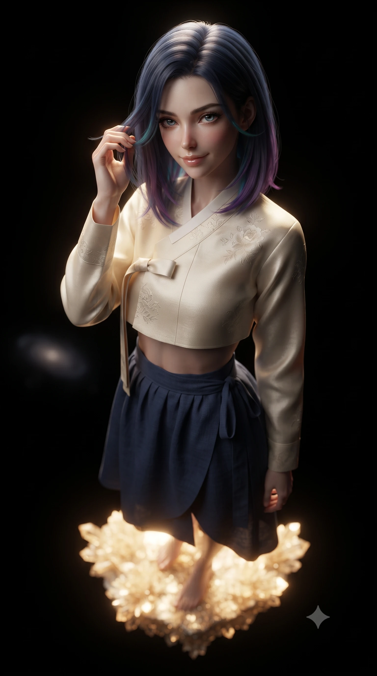 score_9, masterpiece, best quality, ultra-detailed, high-budget anime keyframe, editorial fashion photography, tasteful artistic composition, Caucasian woman, strictly human ears. close-up cowboy shot from the waist and thighs up, the character dominates the composition, filling the frame with her large presence, background elements kept in soft focus. Gently brushing hair from her face with an enigmatic half-smile. set against a soft-focus background of the absolute emptiness of intergalactic space between galaxy clusters a single small platform of crystallized light floating in infinite darkness with the nearest galaxy a faint smudge billions of light-years away. She has an exceptionally elegant and slender, willowy female figure with an ultra-slim waist, a gracefully sculpted slender torso, and a refined slim physique. sharp v-shaped jawline, high-bridge nose, intricate jewel-like eyes with depth, thick eyelashes, glossy lips with a natural sheen. wearing a modern fusion Hanbok featuring a cream silk cropped jeogori over a flowing navy blue linen wrapped skirt. a single source of warm golden light from the platform itself against absolute total darkness creating the most extreme contrast between existence and void. 2k, ultra detail, master piece, 9:16 ratio